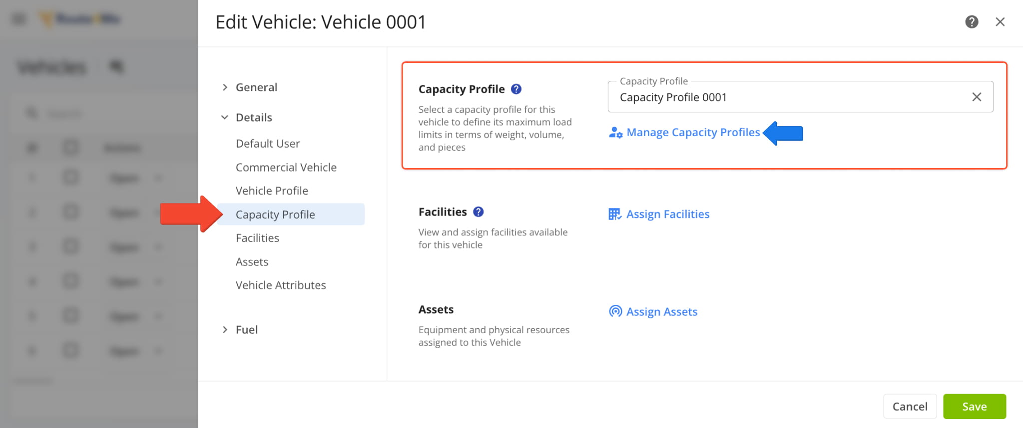 Select a capacity profile to define a vehicle