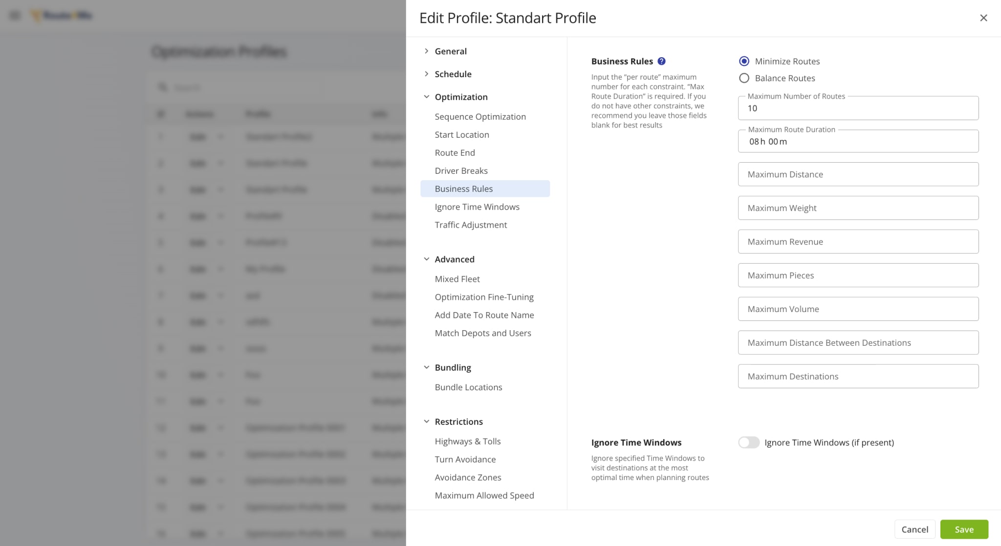 Create custom Route Optimization Profiles with last mile route planning settings, business rules, routing constraints, and more.