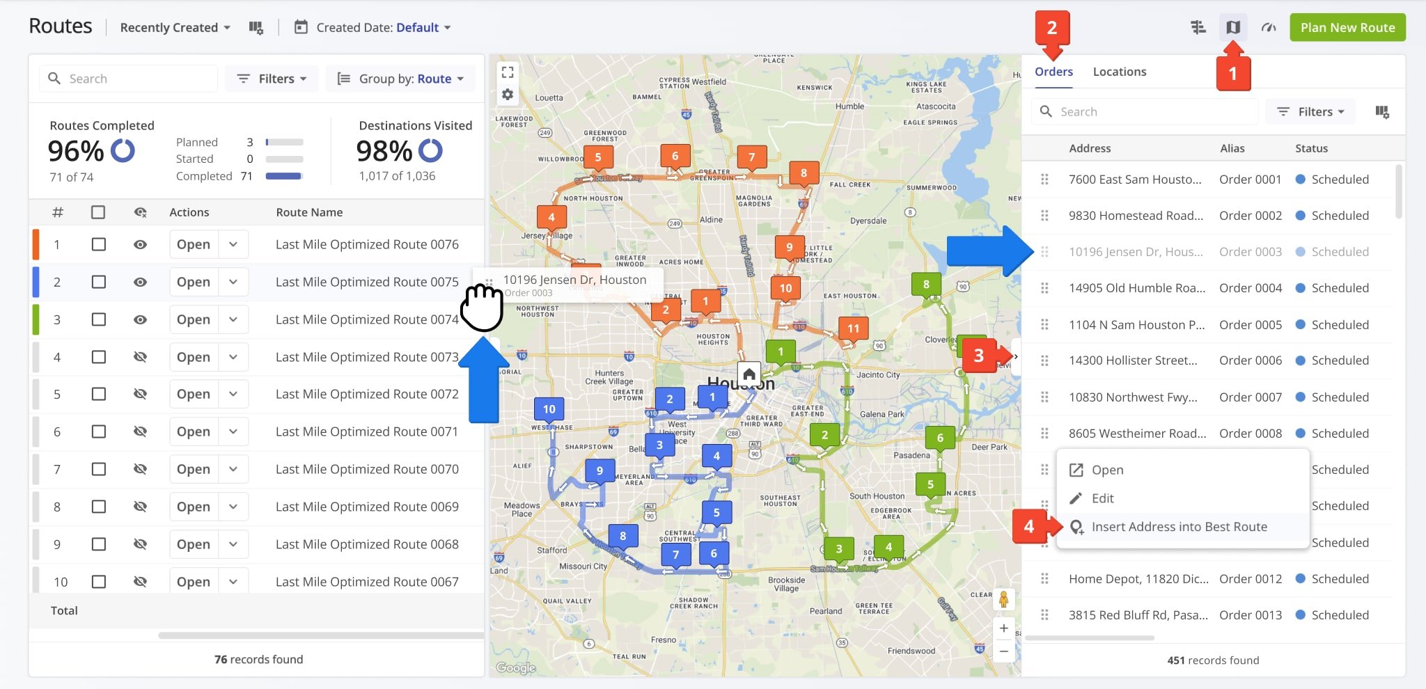 Drag and drop Orders and Locations into routes that appear on your Routes List.