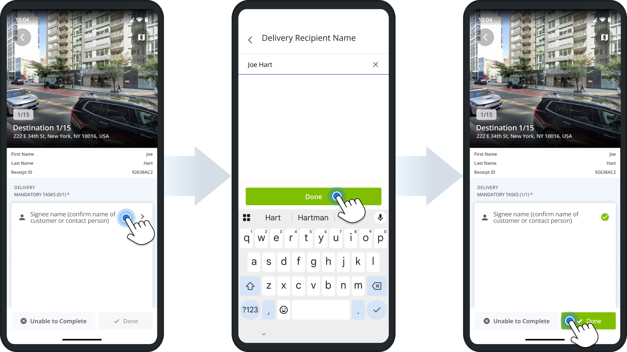 Route4Me driver app Signee name task: tapping the task, entering the recipient name, and tapping Done once the task is complete.