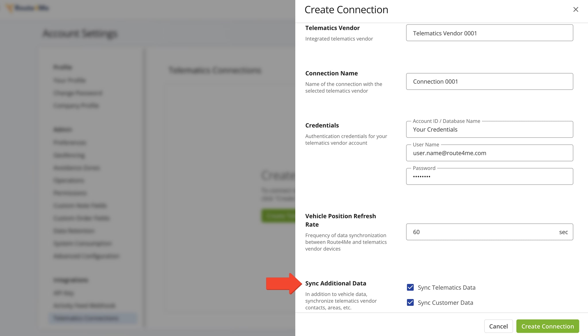 When adding a new connections, you can sync telematics and customer data.