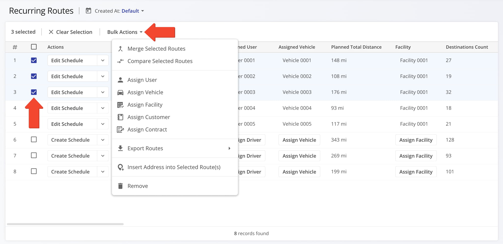 To manage multiple Master Routes at the same time, check the boxes next to them and click Bulk Actions.