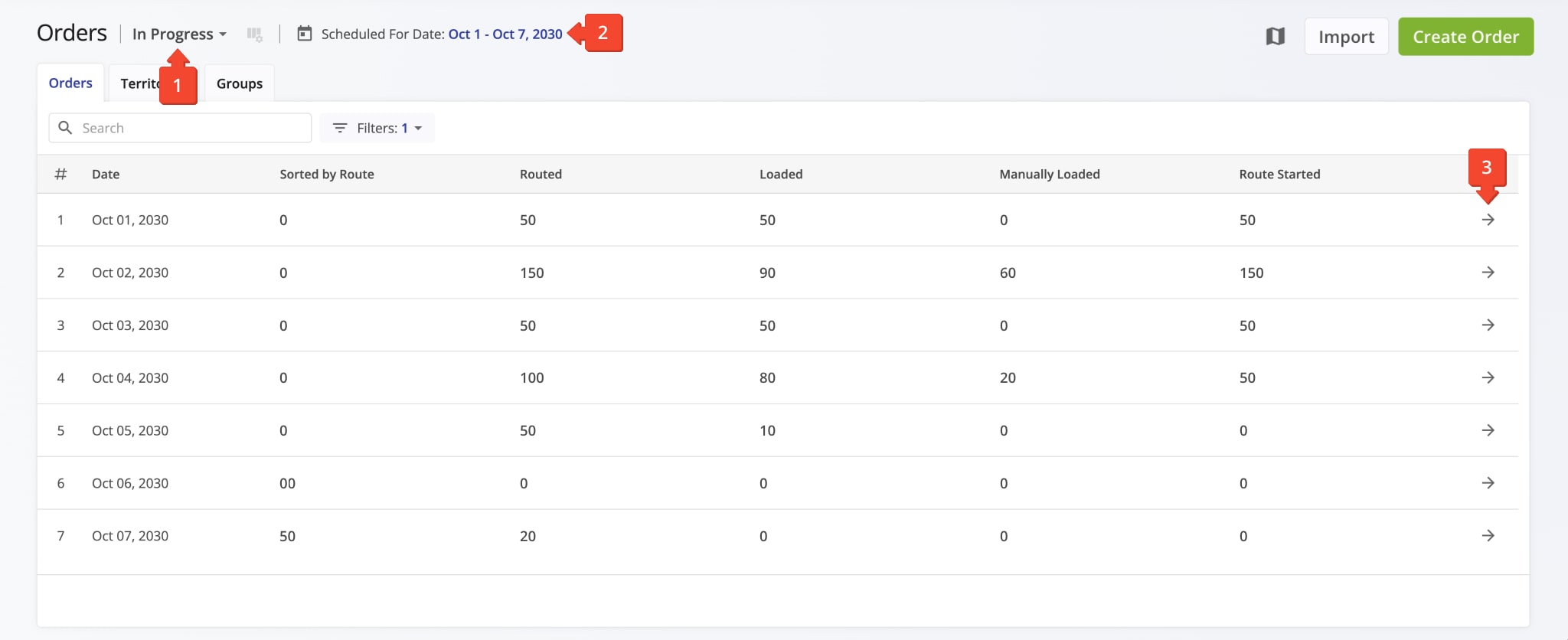 To track the status of the orders included into planned routes, select the In Progress View Mode in your Orders List.
