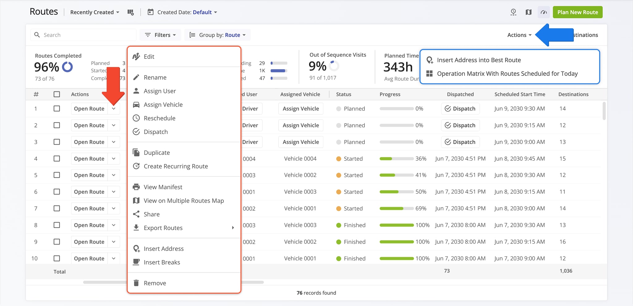 Access route management options directly from your Routes List by clicking the Down Arrow next to Open Route or right-clicking the preferred route.