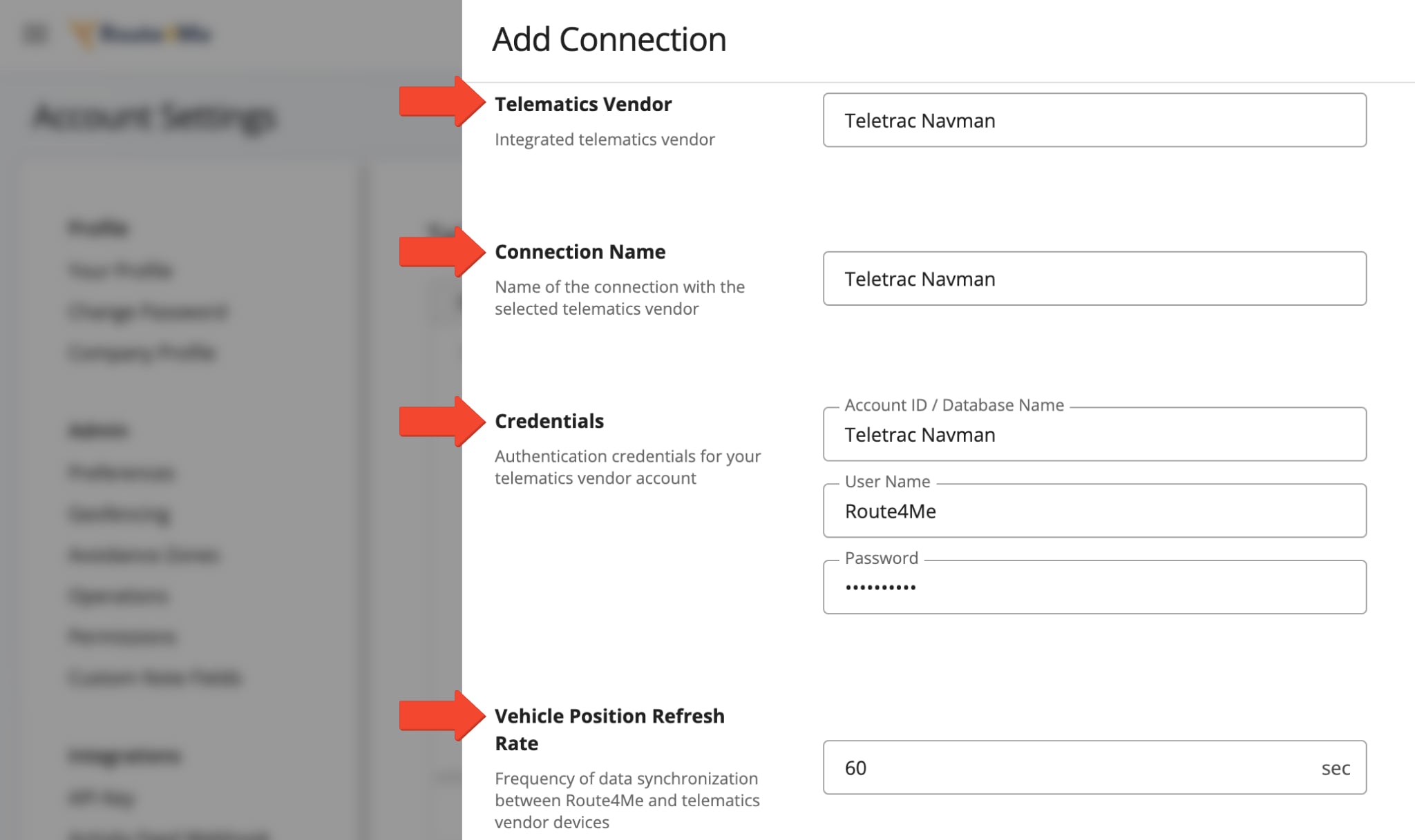 In the 'Add Connection' popup, select Teletrac Navman from the Telematics Vendor dropdown, name the connection, enter your credentials, and set the Vehicle Position Refresh Rate.