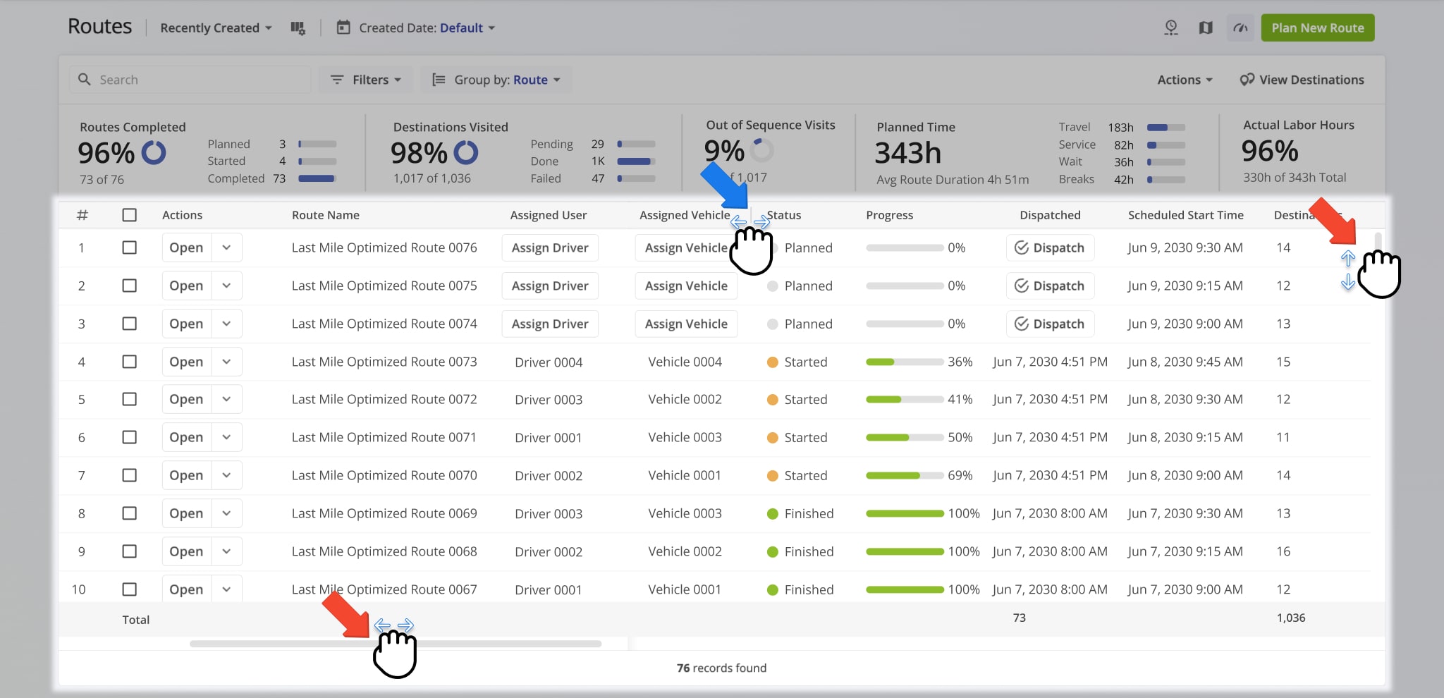 Scroll your Routes List horizontally and vertically to find any route or route data column. Additionally, resize route data columns to your preference.