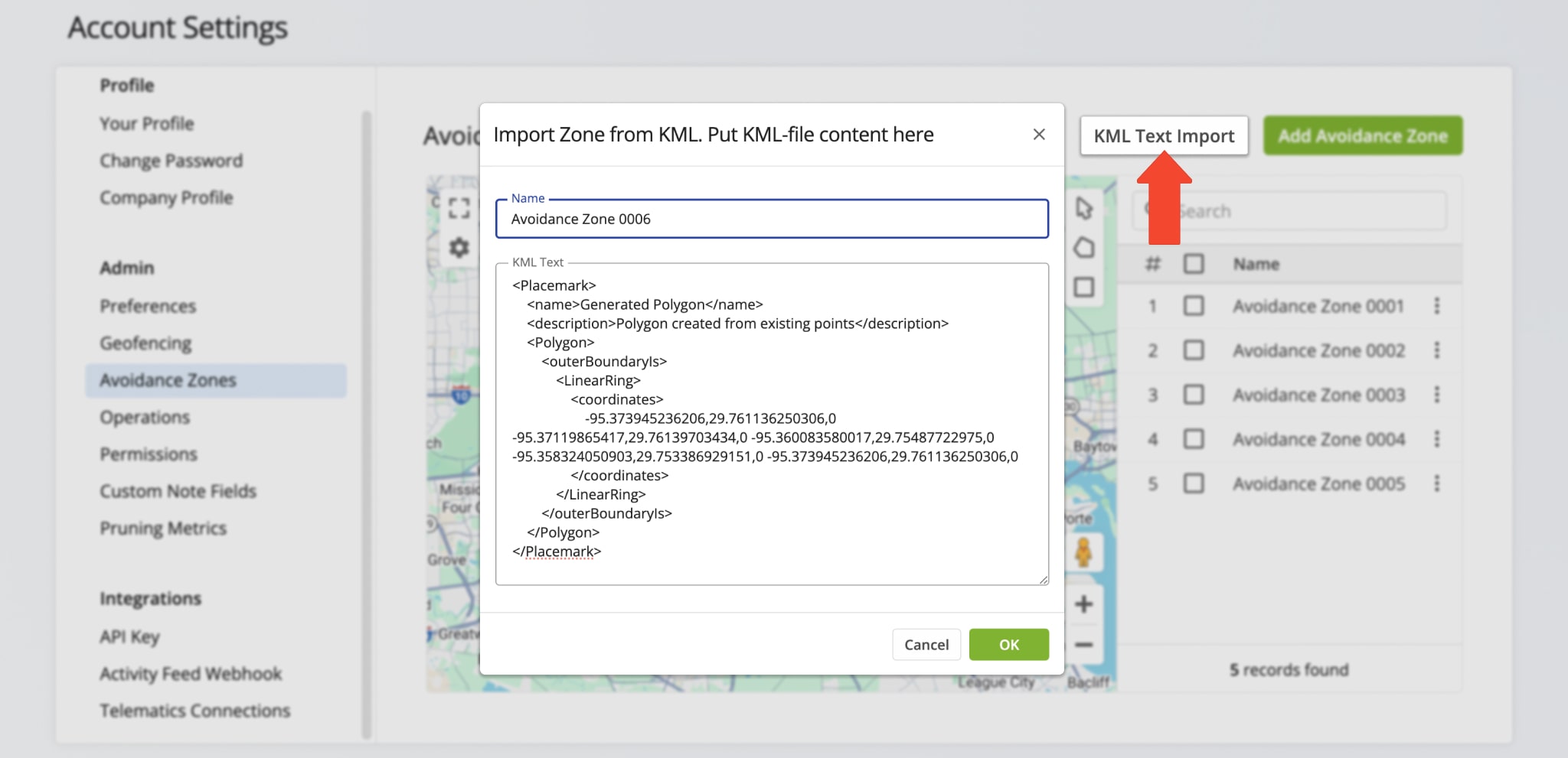 Import KML text for precise Avoidance Zone creation by clicking the 'KML Text Import' button, uploading the text, and saving the Zone.