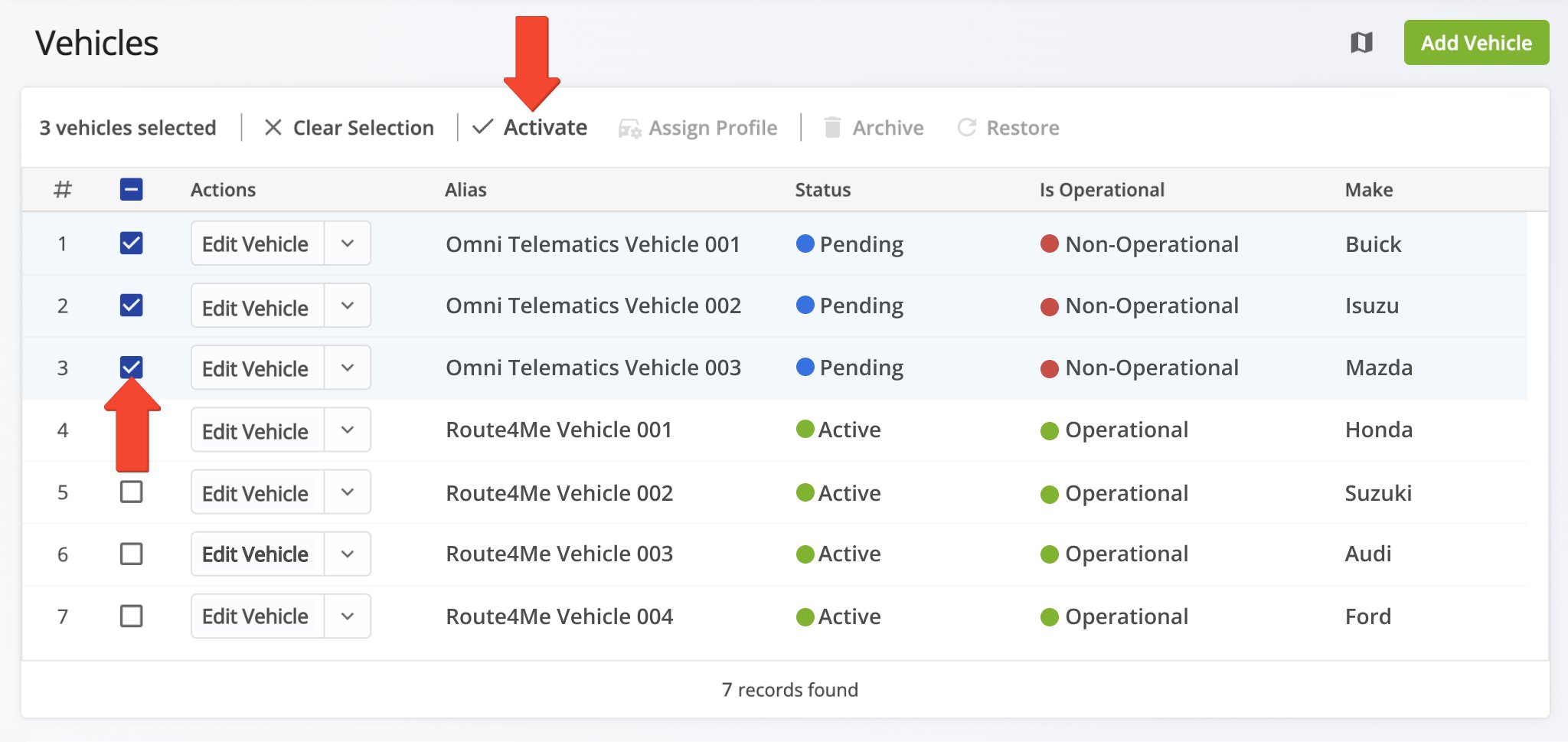 View and manage Omni Telematics telematics vehicles in your Route4Me Vehicles page.