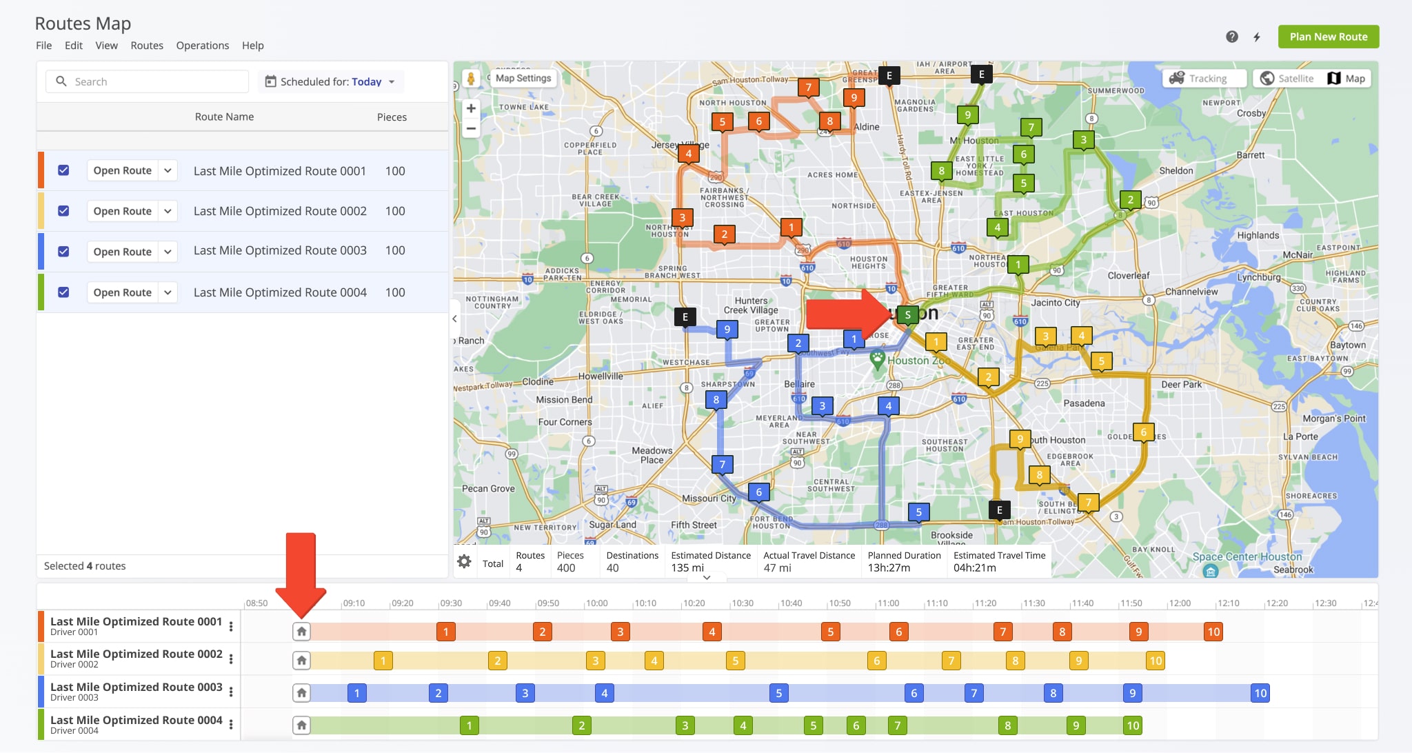 Planned distribution routes start at the depot, deliver to assigned locations, and return to the depot.