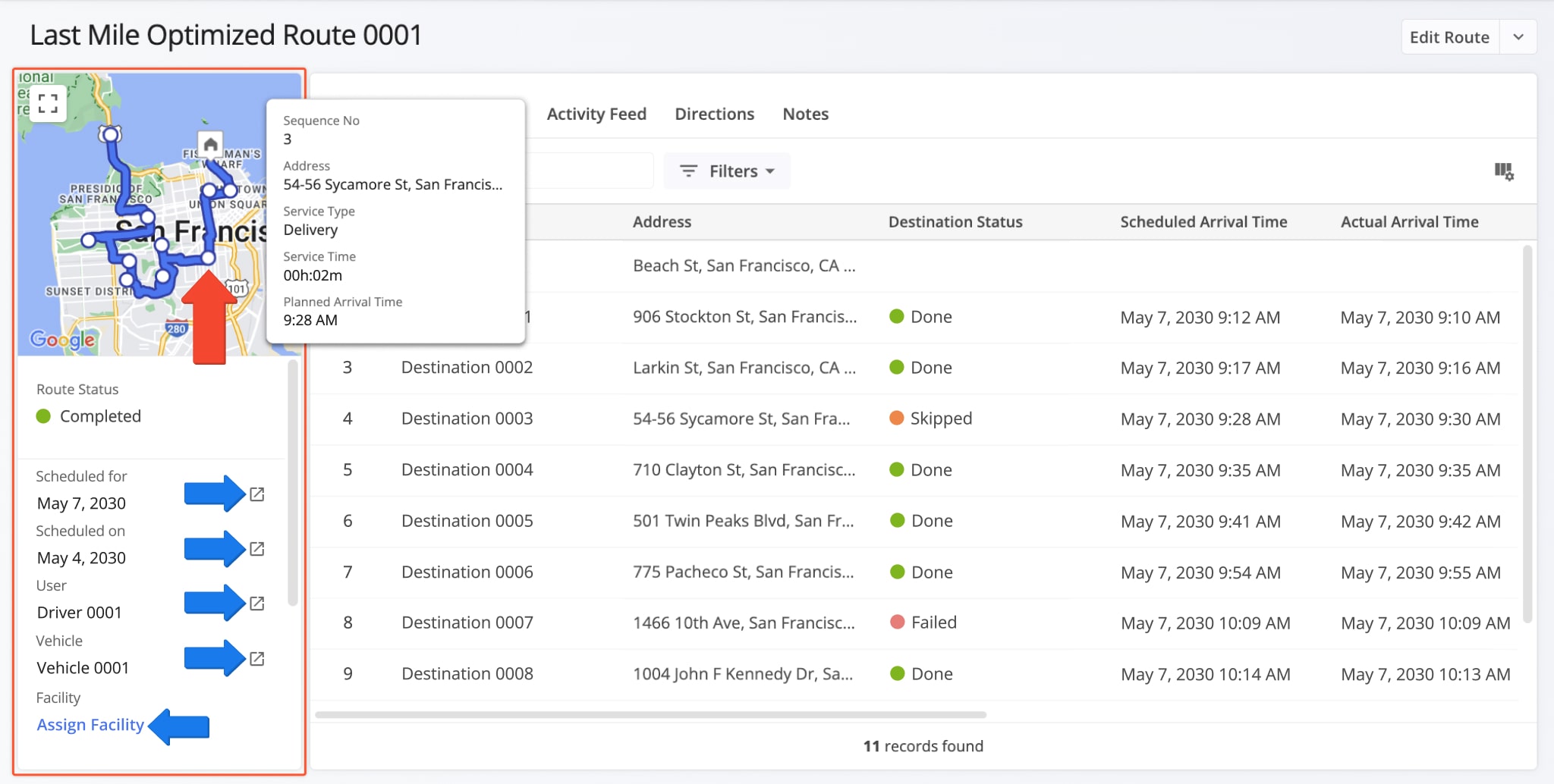The route summary panel on the Route Snapshot shows a real-time map of the route, its critical information, and more.