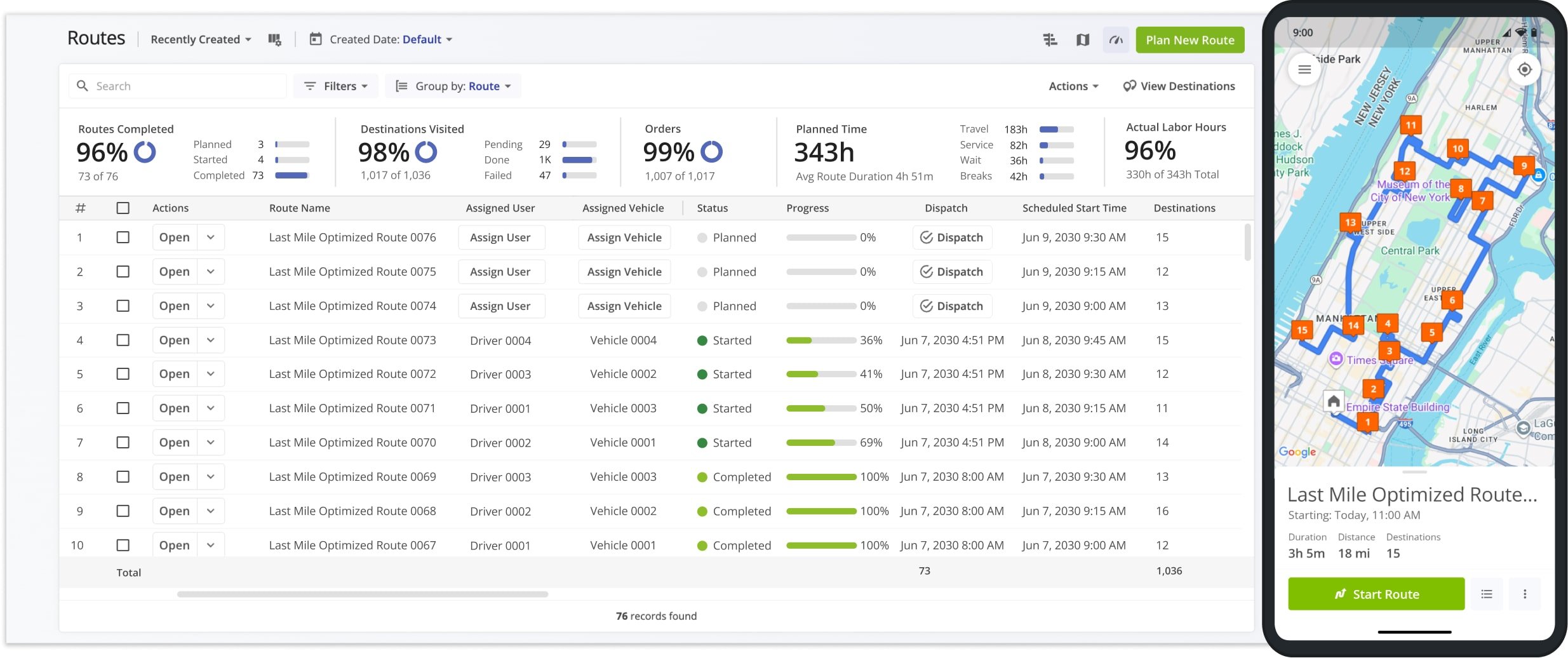 Route4Me seamlessly synchronizes updates between the Mobile Driver App and Web Software.