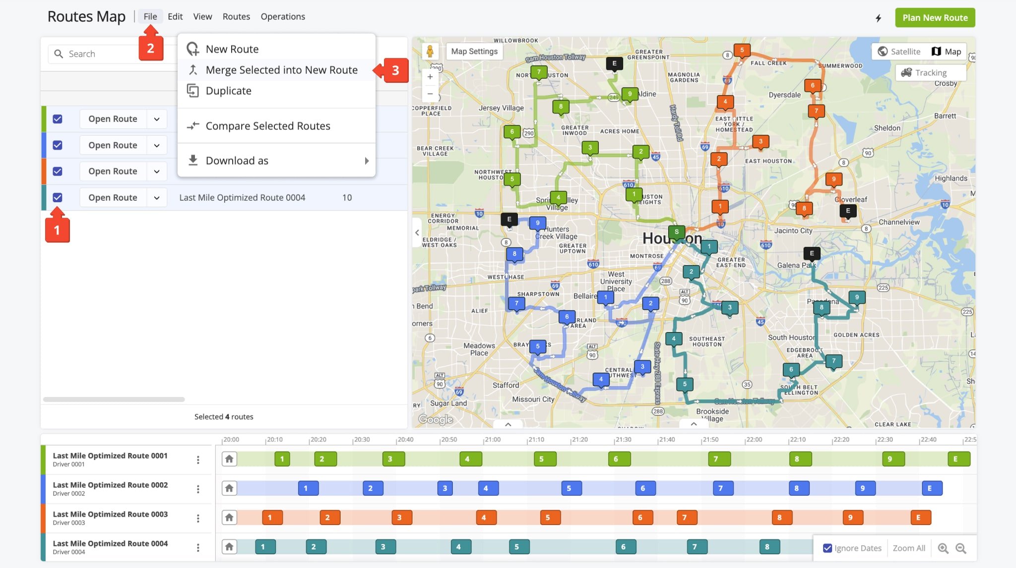 To merge routes, go to the Routes Map and check the boxes next to the routes you want to merge.