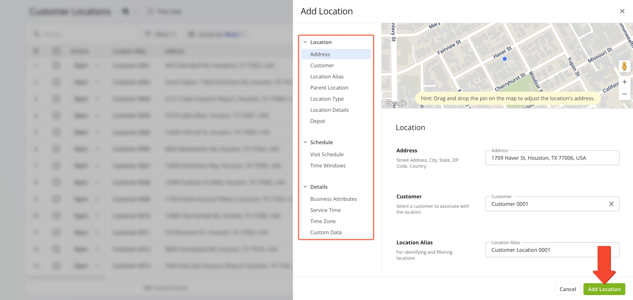 In the 'Add Locations' panel, enter the requested data in each field and click the 'Add Location' button to finalize.