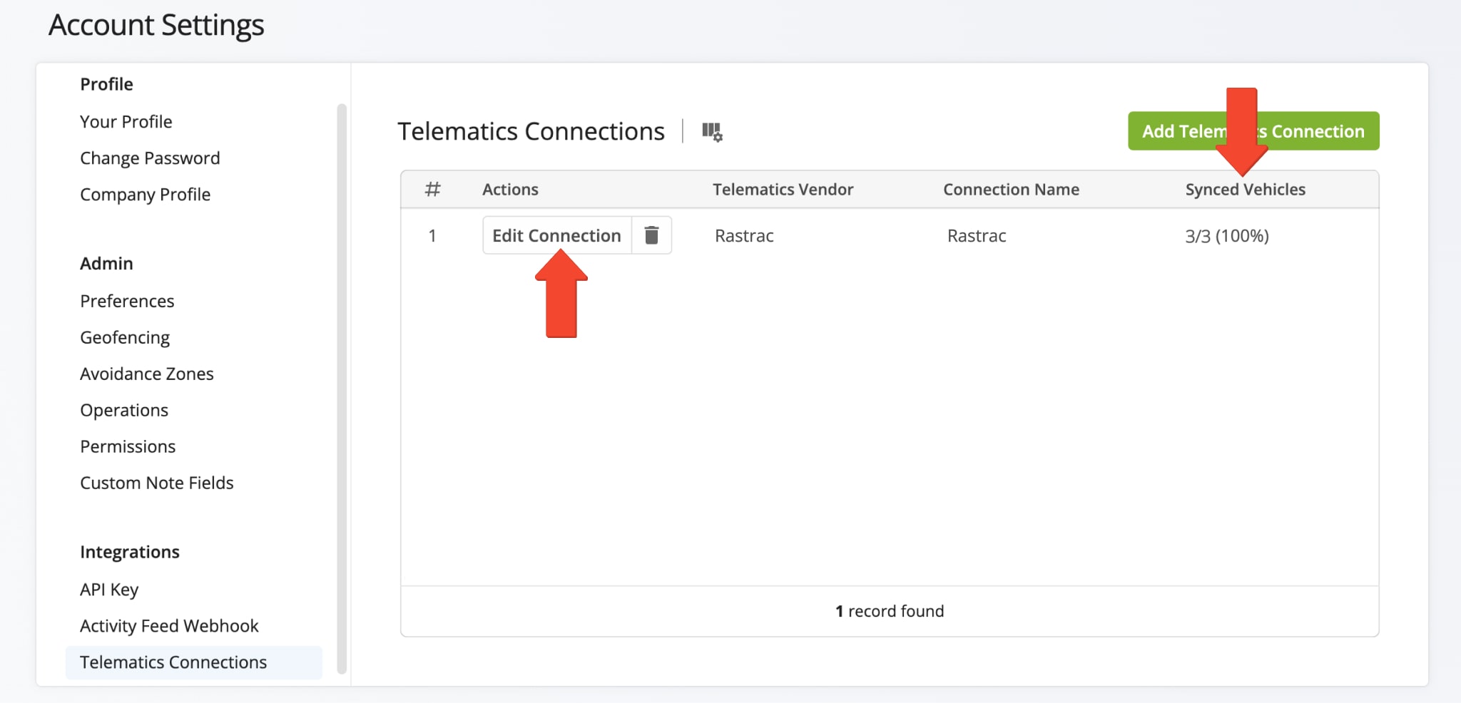 Manage an Rastrac Telematics connection on the Telematics Connections page, with options to edit or delete the connection.