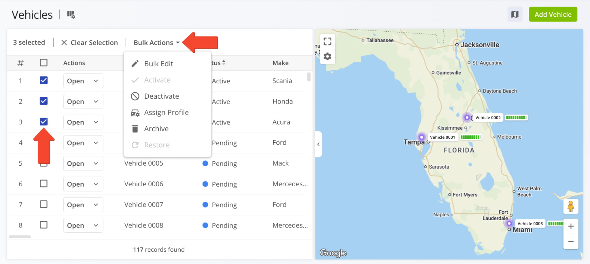 To manage Vehicles at scale, check the boxes next to several vehicles and click the Bulk Actions button.