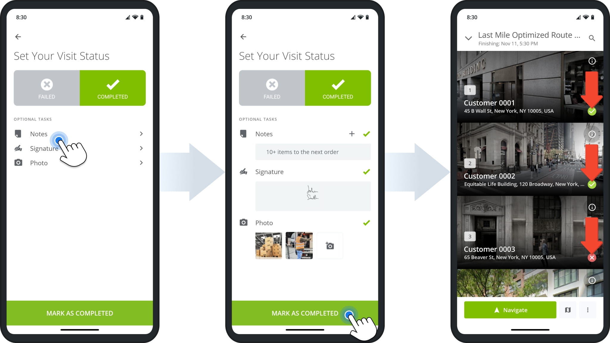 Attach proof of visit, delivery, or service to route stops on the Android Route Planner app: electronic signatures, photos, videos, and text notes.