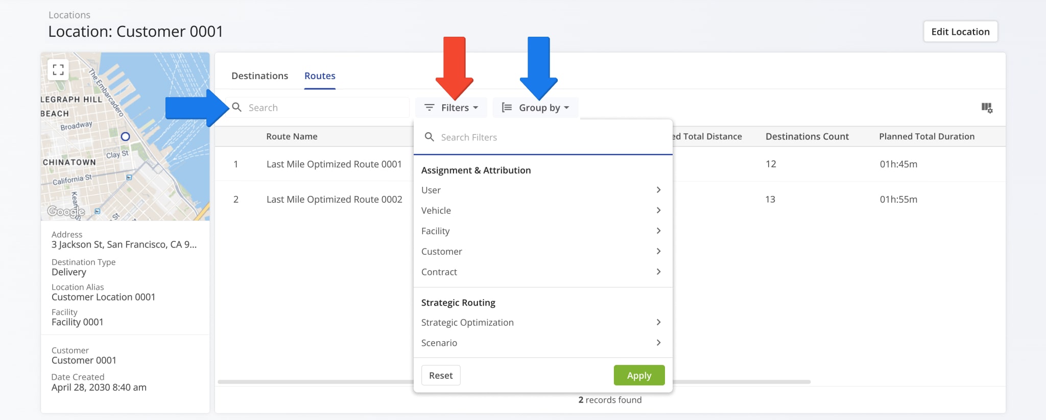 Use filters in the Destinations or Routes tab to quickly find the relevant data.