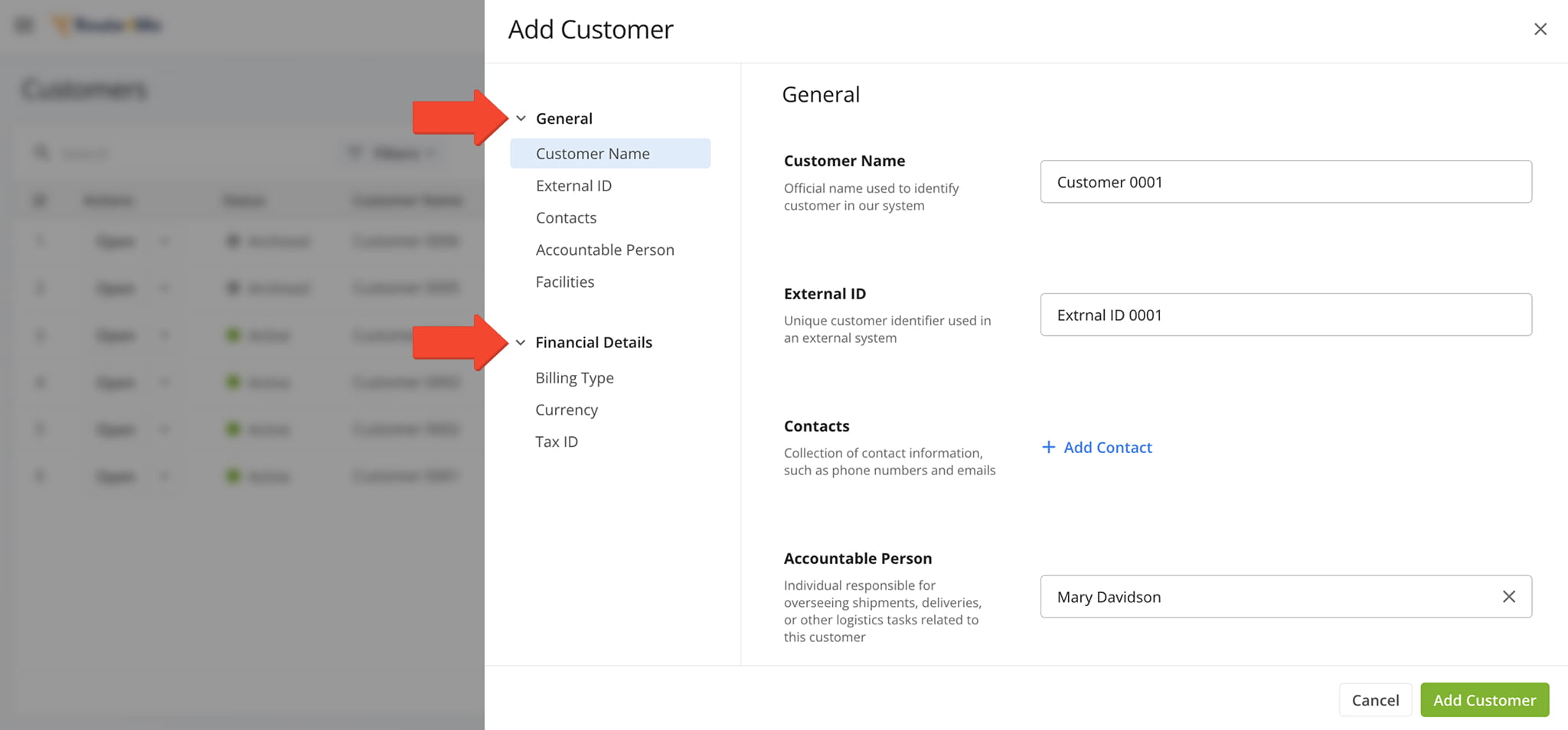 To create a new customer, fill out the fields in the