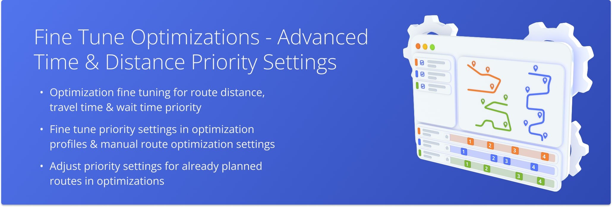Route4Me's Advanced Optimization Fine Tuning enables you to add an extra layer of depth to your route optimizations. You can account for route distance, travel time, and wait time by adjusting priority settings.