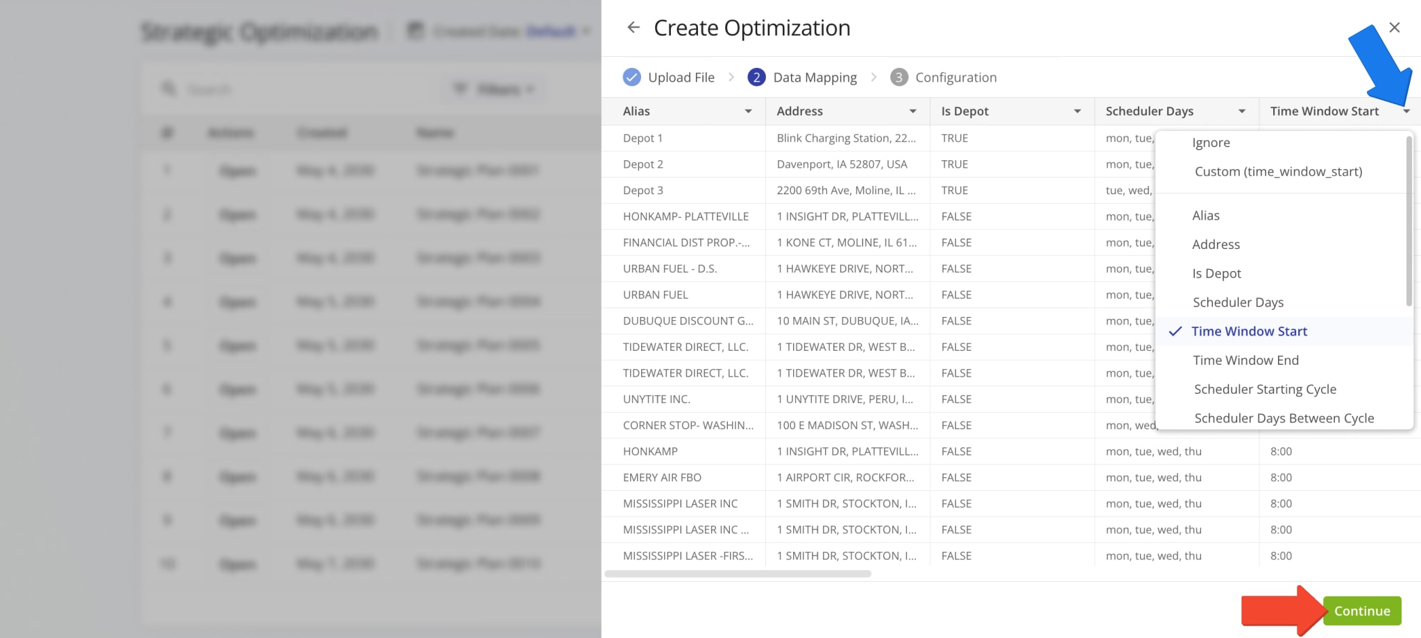 Route4Me's Strategic Planner automatically validates your data columns and map their associated details to the correct internal variables for optimization.