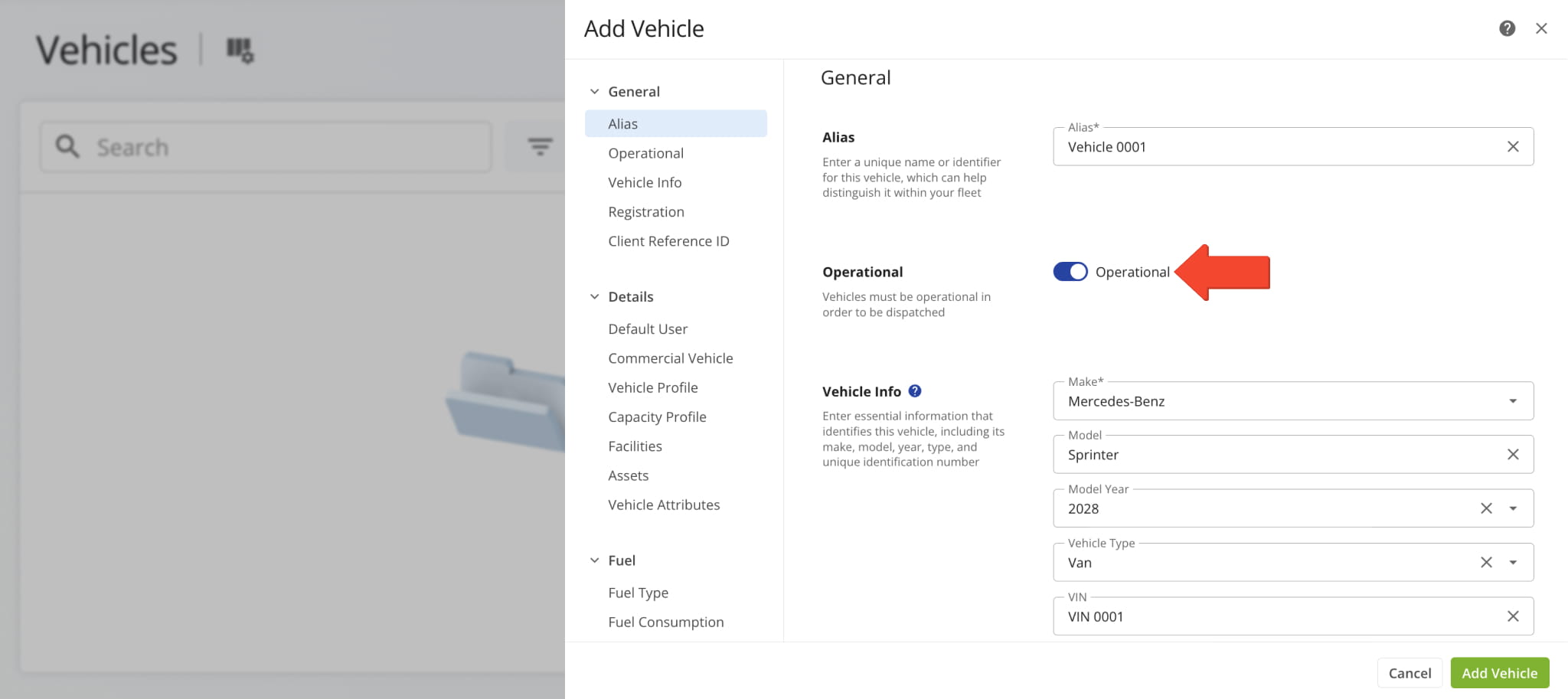 Fill out the vehicle