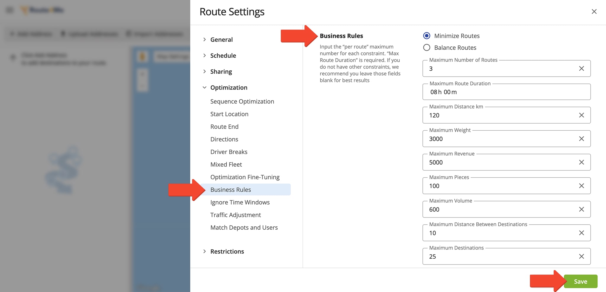 Business Rules and constraint settings when planning routes for Multiple Drivers with manual optimization settings.