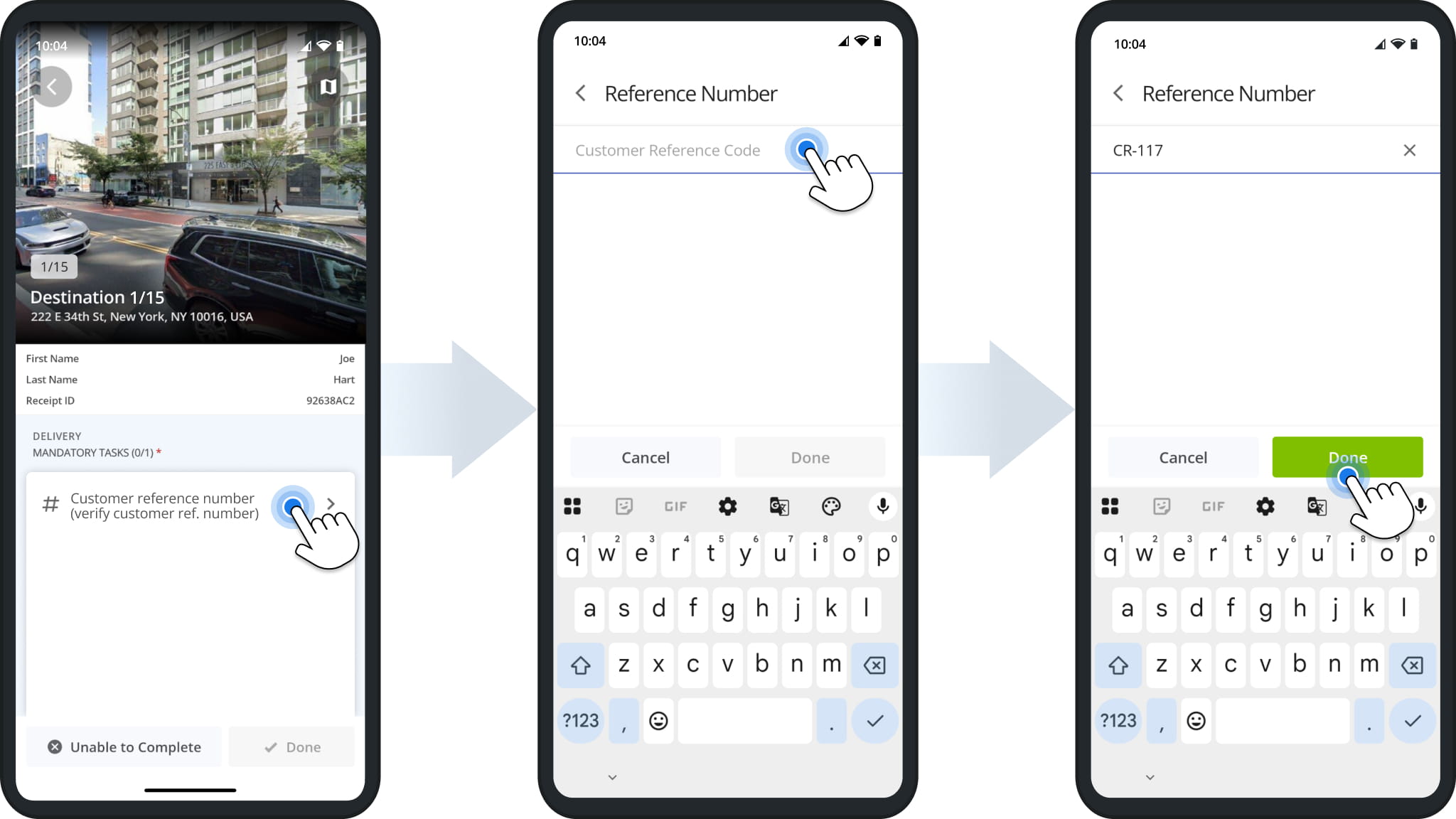 Route4Me driver app Customer reference number task: tapping the task, entering the customer reference code, and tapping Done to save it.