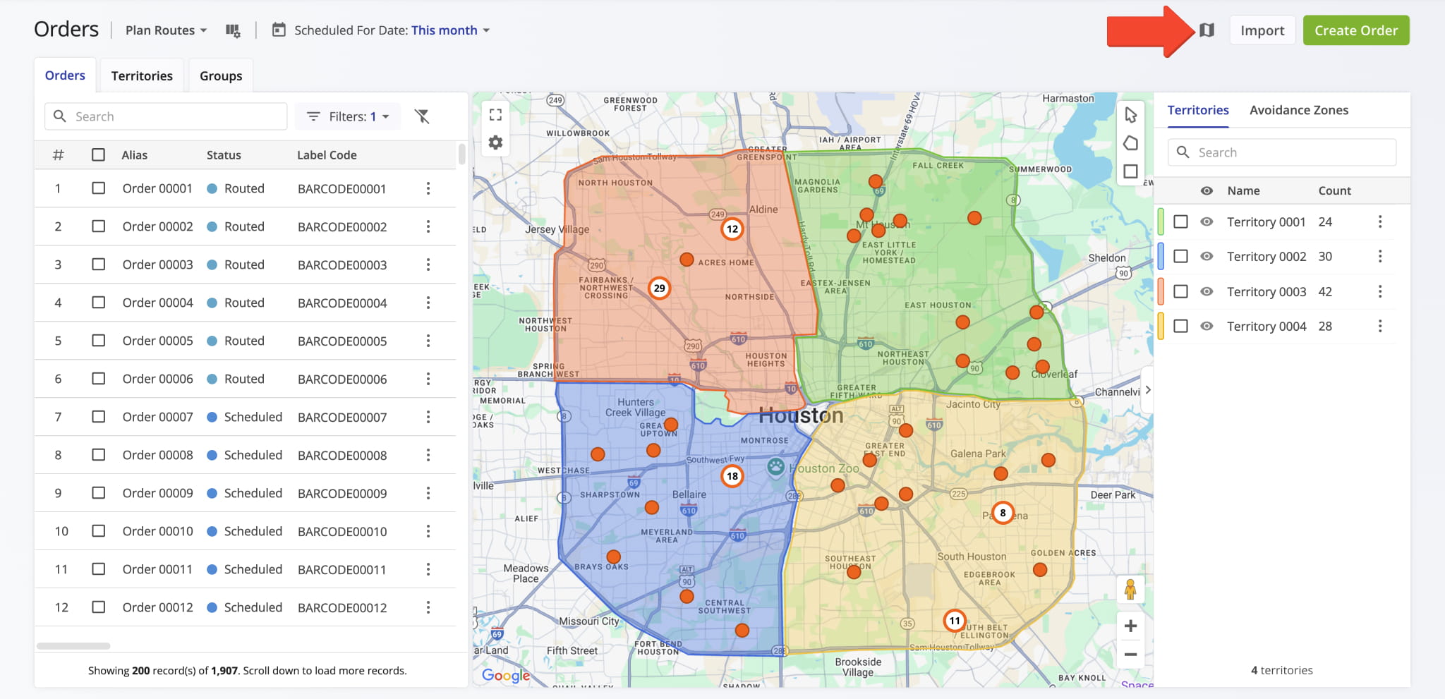 The Orders Map shows all orders and territories on your account on the map.