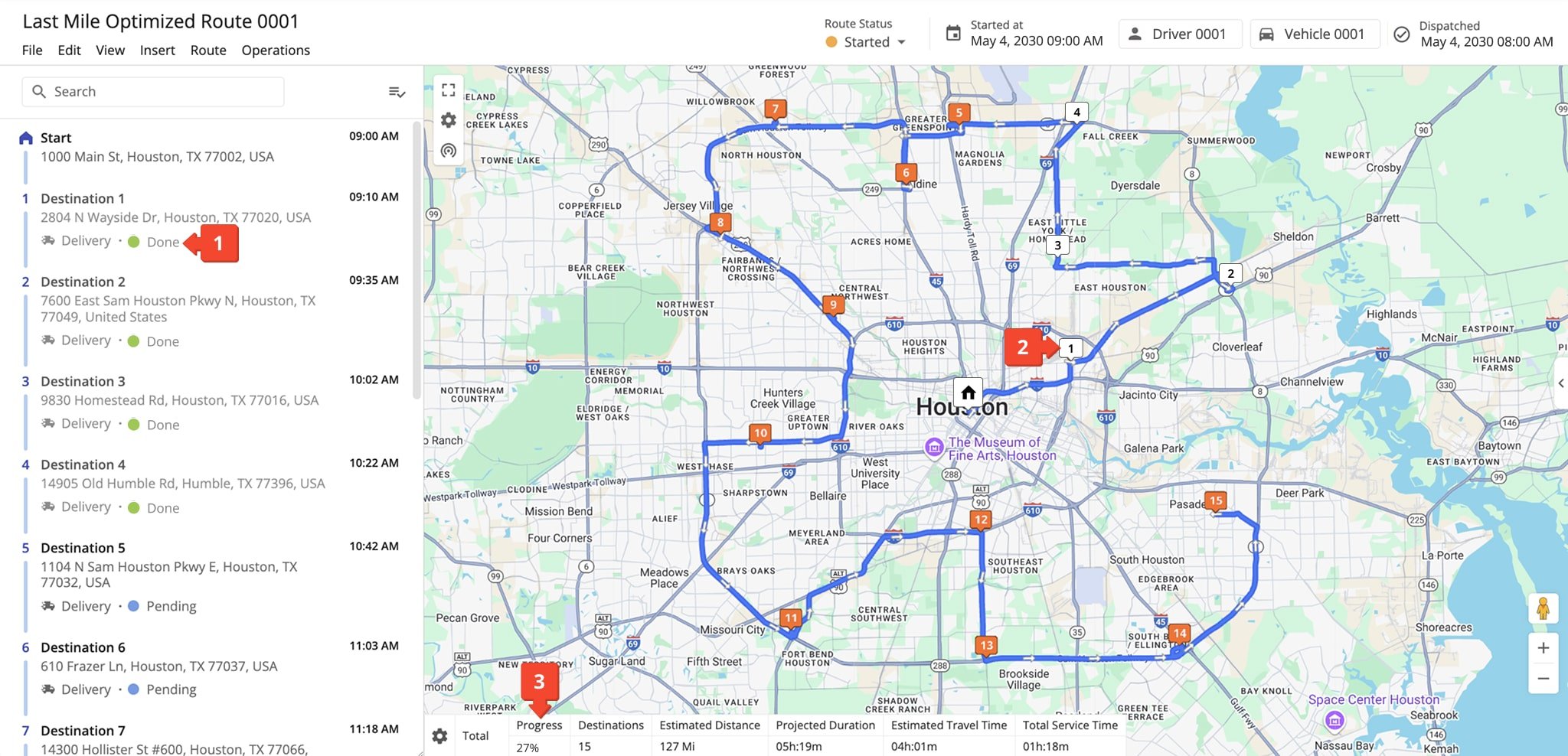 Real-Time route progress tracking in Route Editor: route and stop statuses, stop ETAs and visited timestamps, time on site, planned with completed, and more.