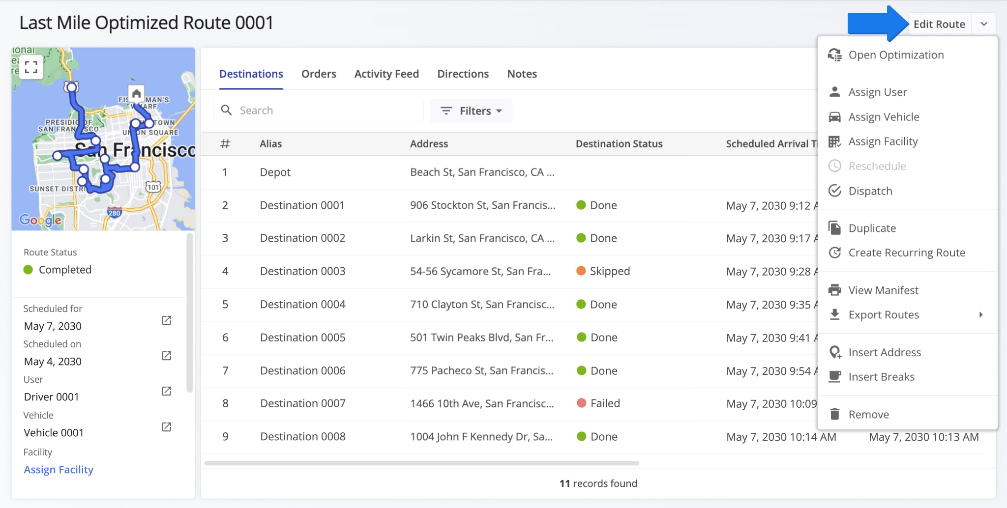 Route Snapshot showing detailed destination data and key routing metrics.