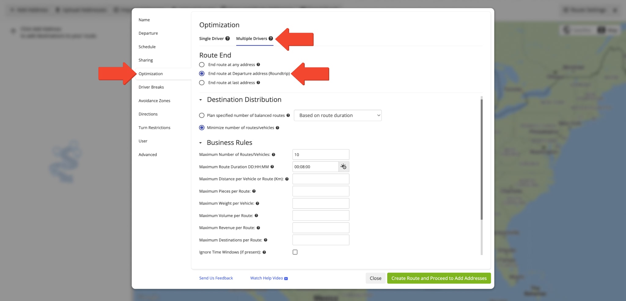To plan retail cross-docking or transloading routes from multiple depots to one distribution center, adjust the optimization settings.