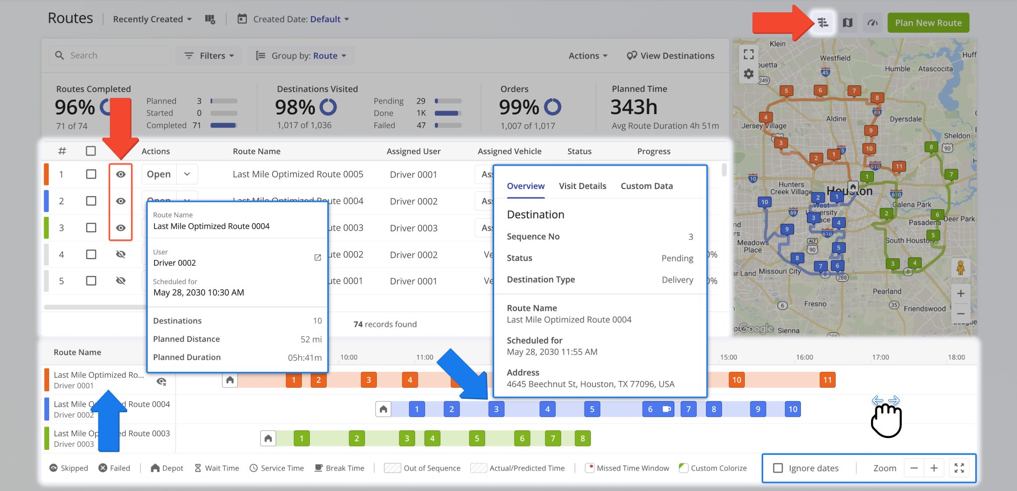 You can get an overview of the destination sequences of your selected routes according to their respective schedules with the Routes Timeline.