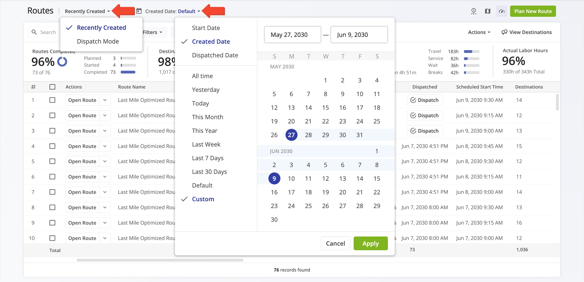 The Recently Created View Mode sorts routes according to their creation date.