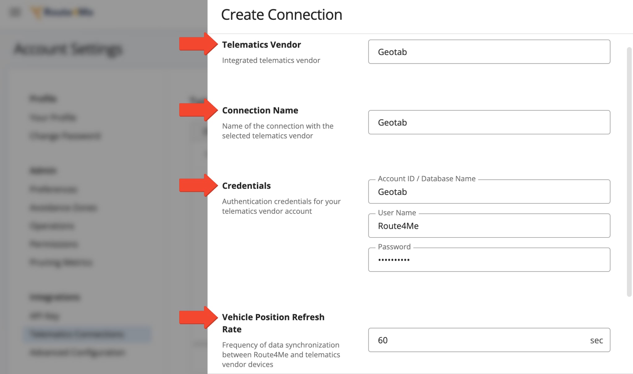 Add a connection by selecting your telematics vendor, entering a connection name, and setting the Vehicle Position Refresh Rate in the pop-up window.