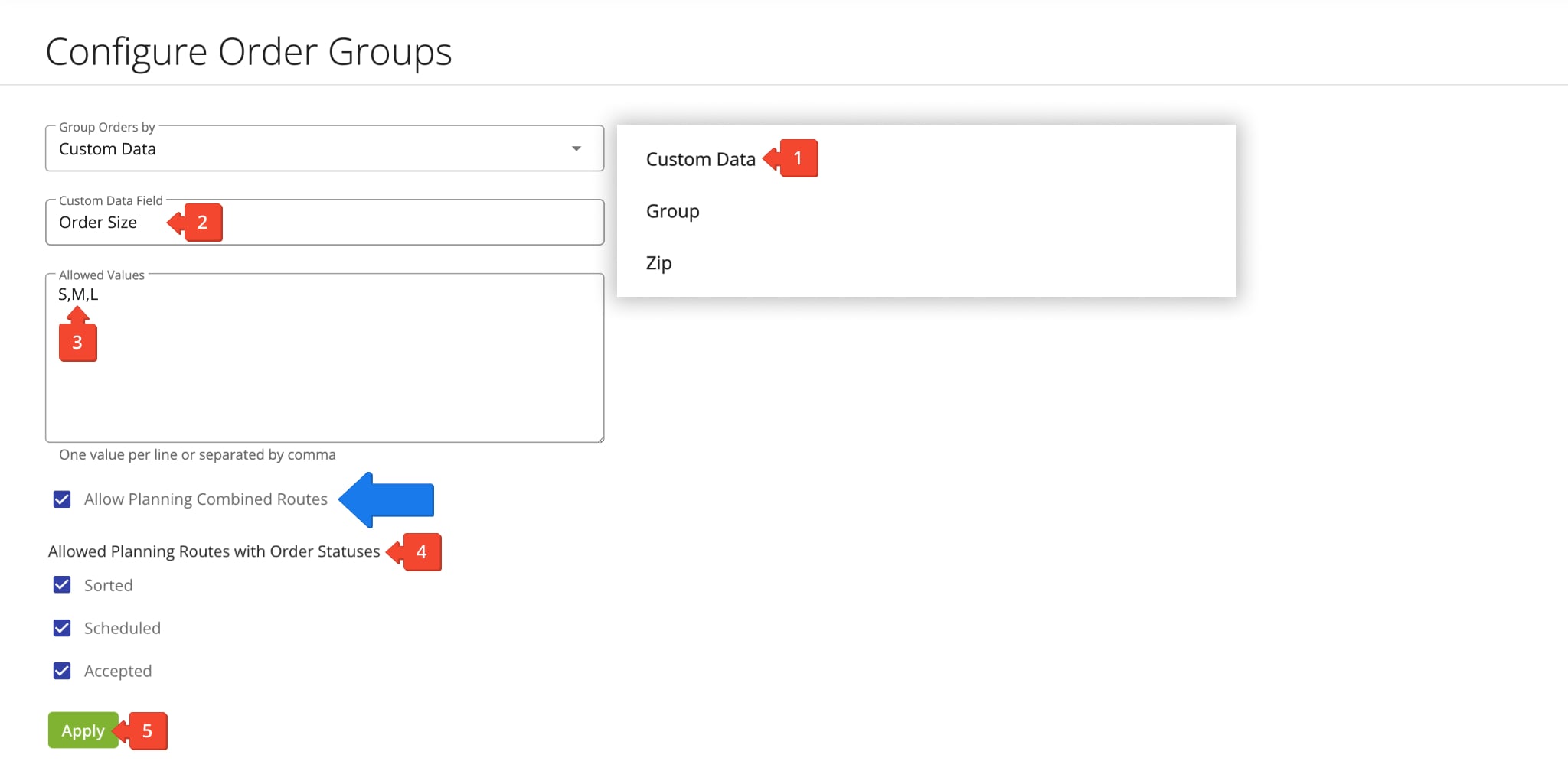 Group orders by Custom Data values to create custom Order Groups for recurring route planning.