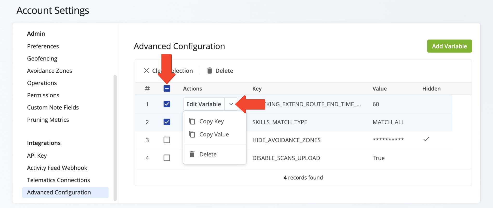 Manage, edit, enable, and disable advanced account configurations.