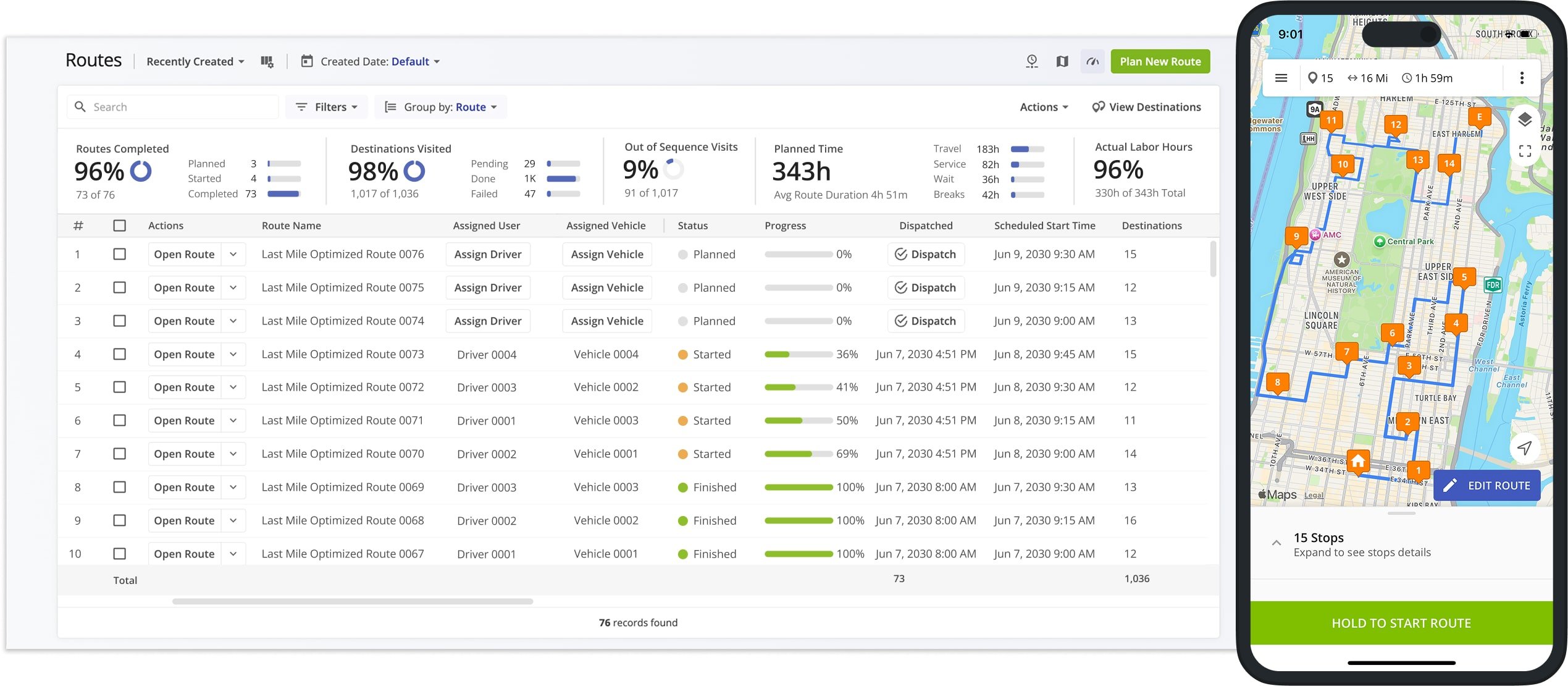 Route4Me seamlessly synchronizes updates between the Mobile Driver App and Web Software.