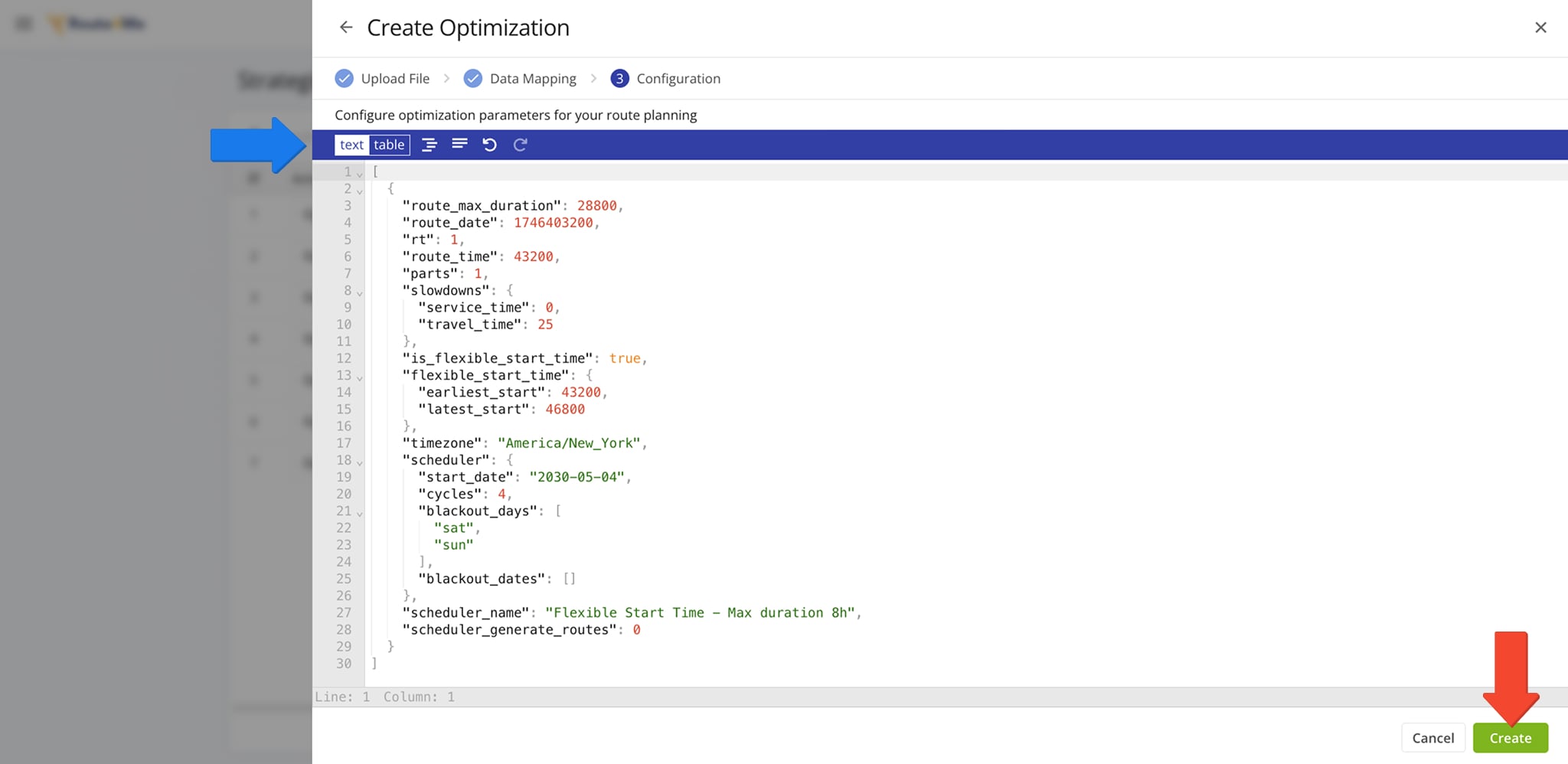 Once you've imported your data, you can configure optimization parameters for strategic cycle planning using the JSON format. Additionally, you can use the blue bar above the configurator to format your JSON text.