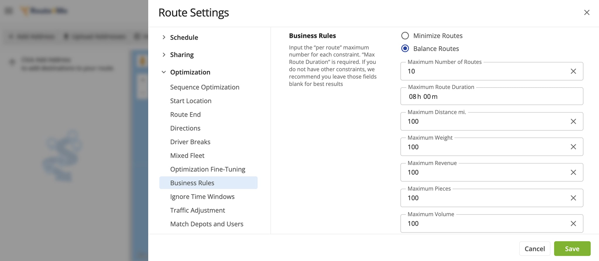 Direct Store Delivery route planning with business routing rules and customer and fleet variables.