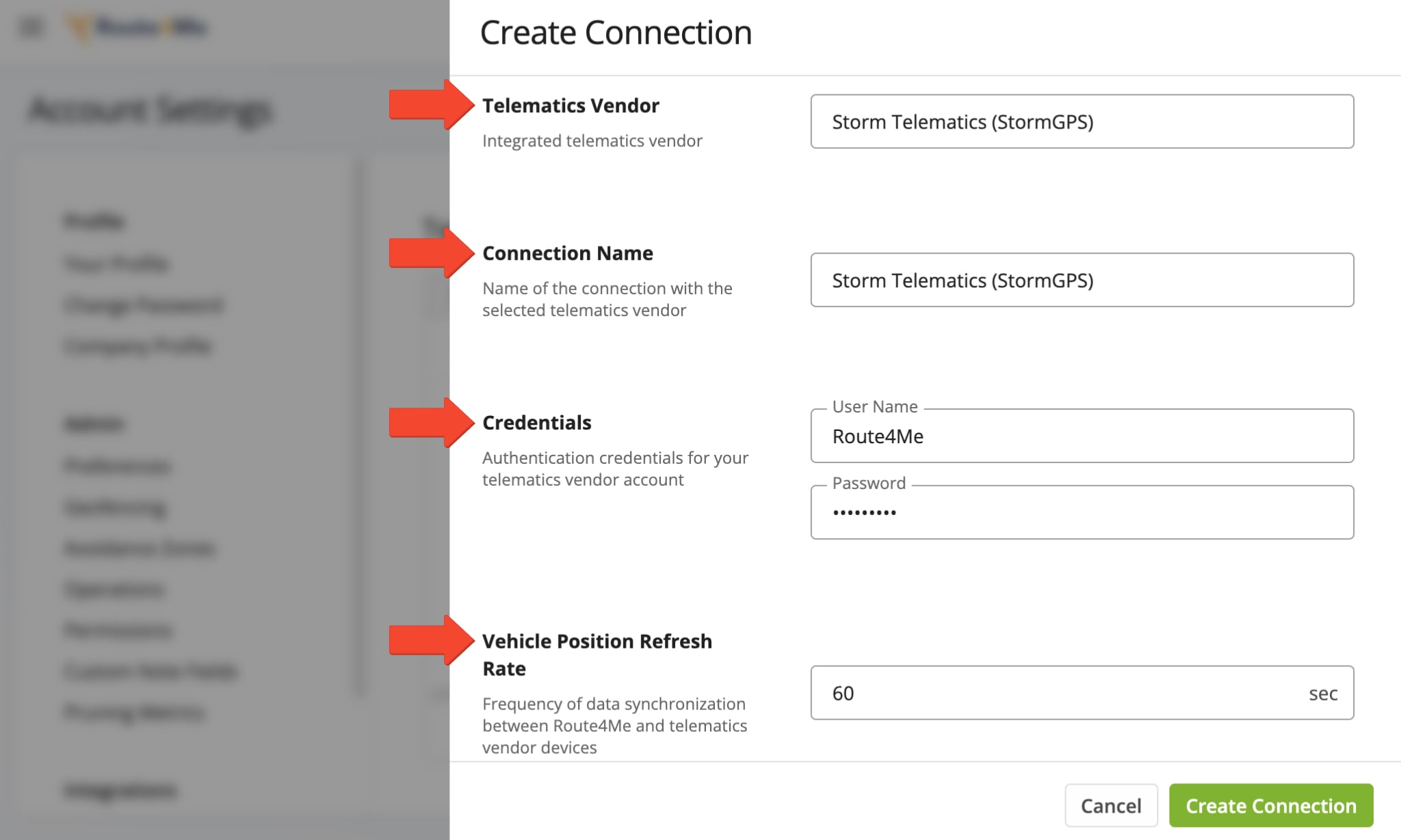 Add a connection by selecting Storm Telematics, entering a connection name, and setting the Vehicle Position Refresh Rate in the pop-up window.