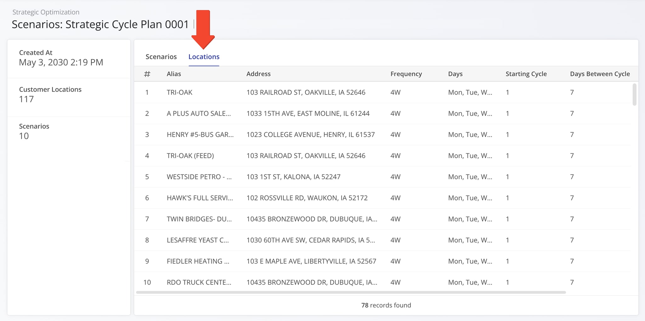 Click the 'Locations' tab to see the Customer Locations associated with the plan and its scenarios.