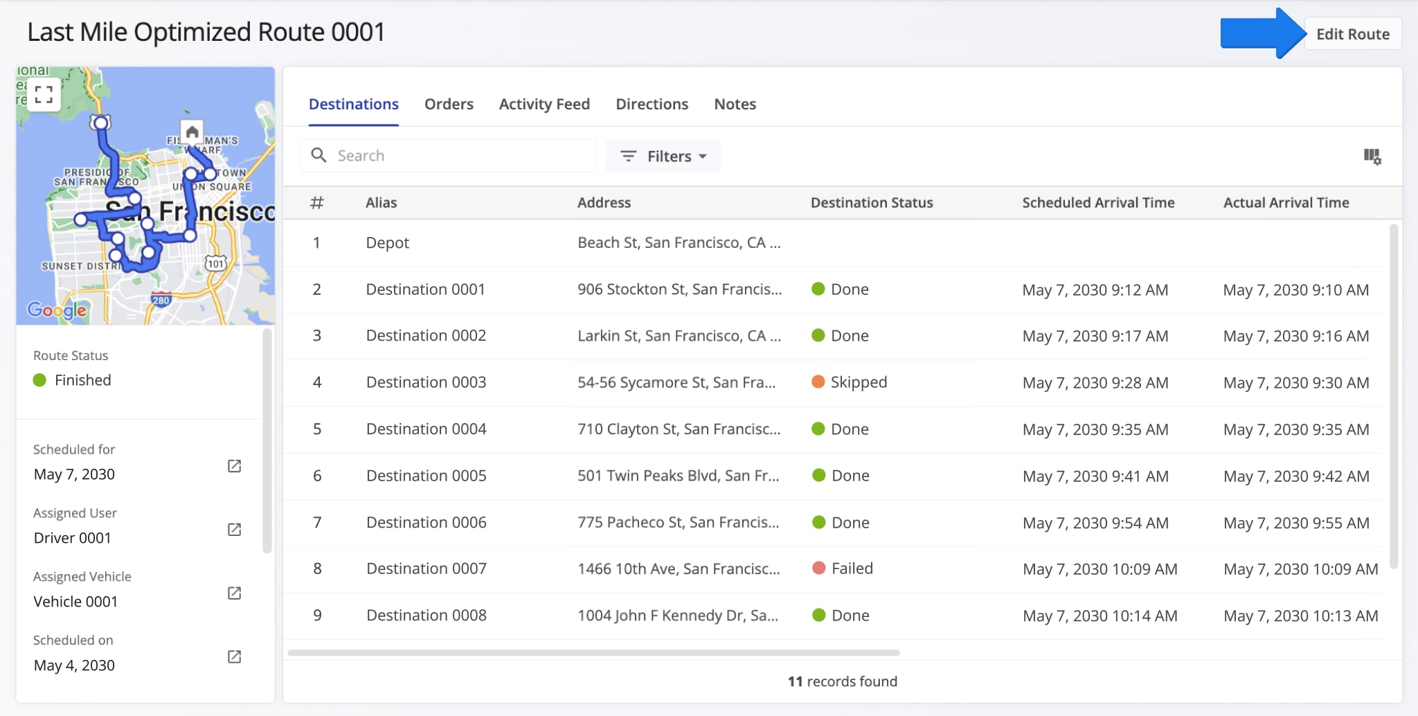 Route Snapshot showing detailed destination data and key routing metrics.