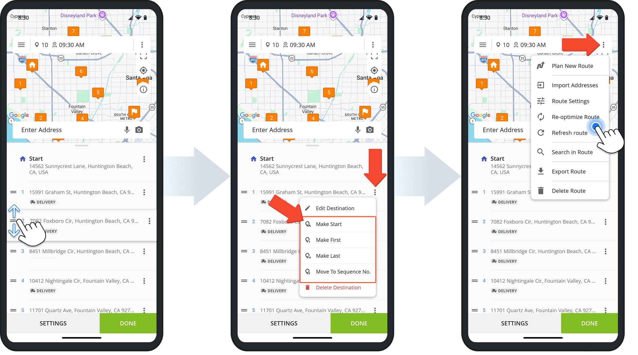 Re-sequence route stops or change the route start destination.
