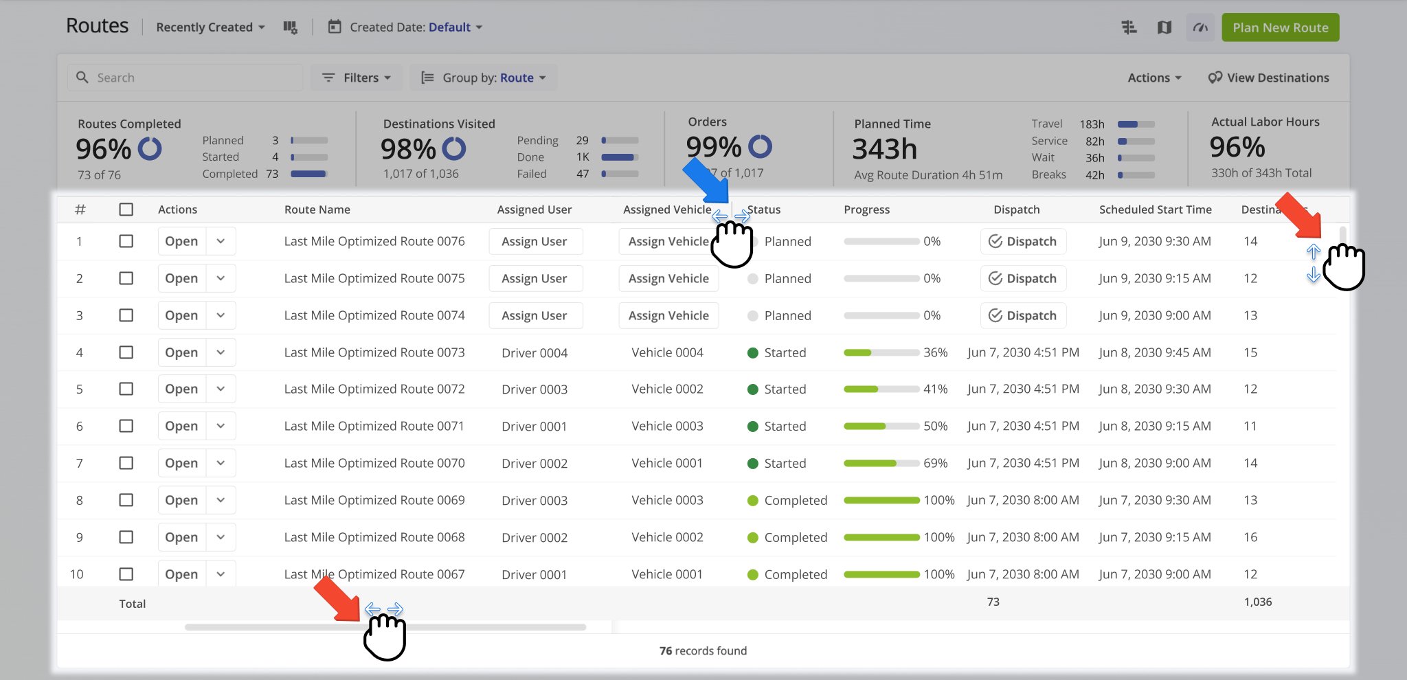 Scroll your Routes List horizontally and vertically to find any route or route data column. Additionally, resize route data columns to your preference.