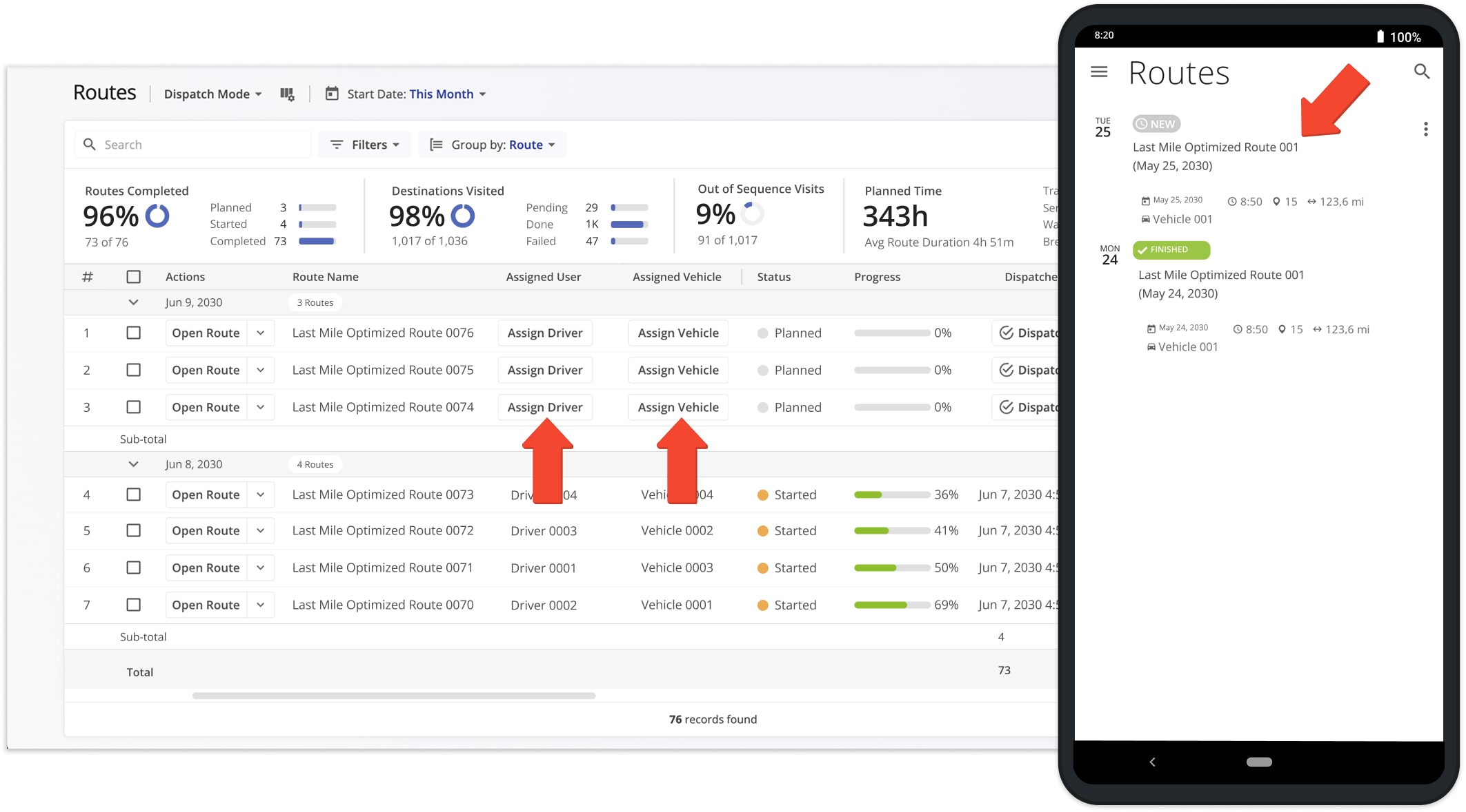 Dispatch order routes to drivers and receive automatic real-time order status progress updates.