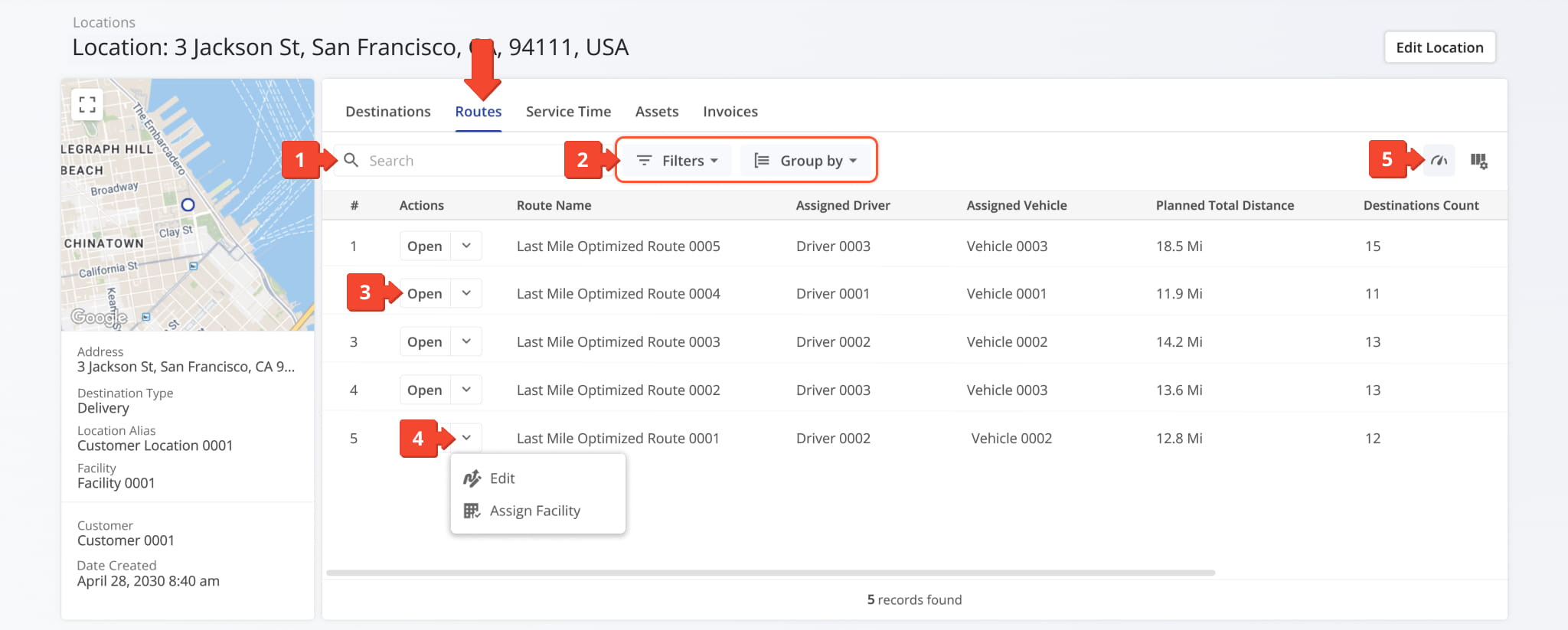 The Routes tab shows all routes for a location, with search, filters, and quick access to edit or view snapshots.