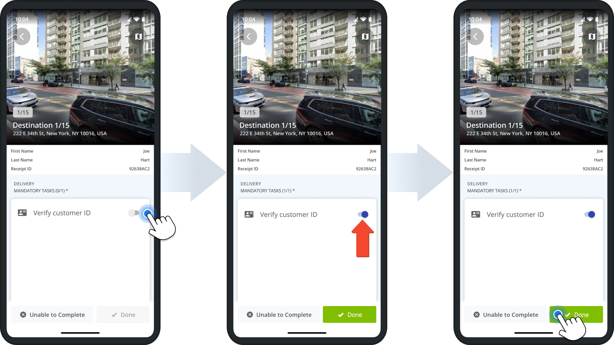 Route4Me driver app Verify customer ID task: turning on the toggle to confirm the ID was checked and tapping Done to complete the Destination.
