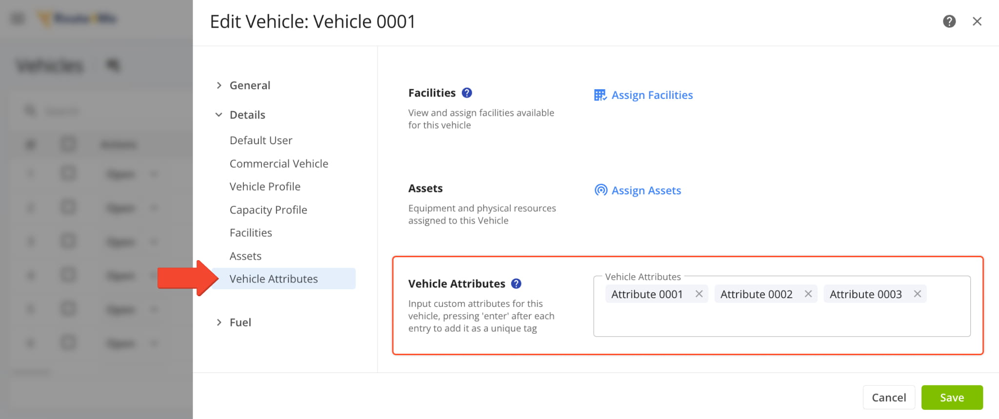 Adding custom Vehicle Attributes enables you to match a vehicle with route destinations requiring those attributes.