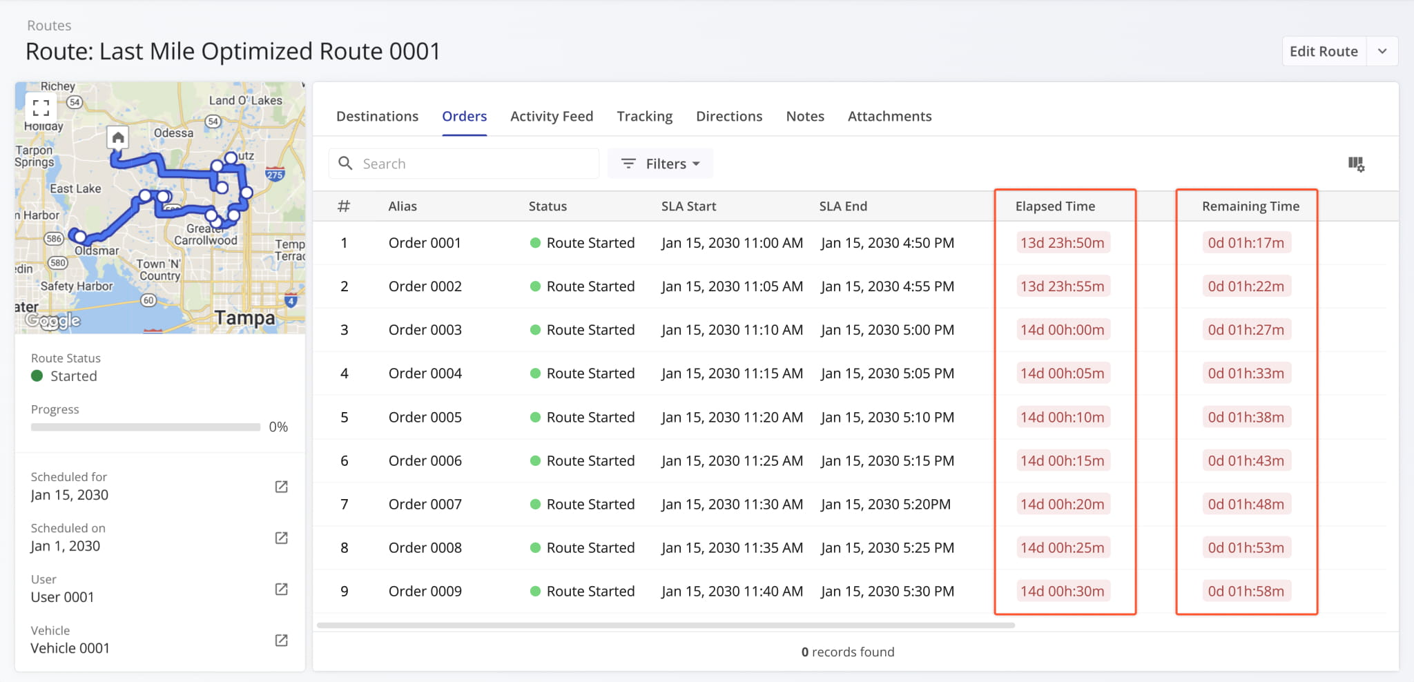 New Elapsed Time and Remaining Time columns were added to the Orders section of Route Snapshots. These new columns show dynamic timers.
