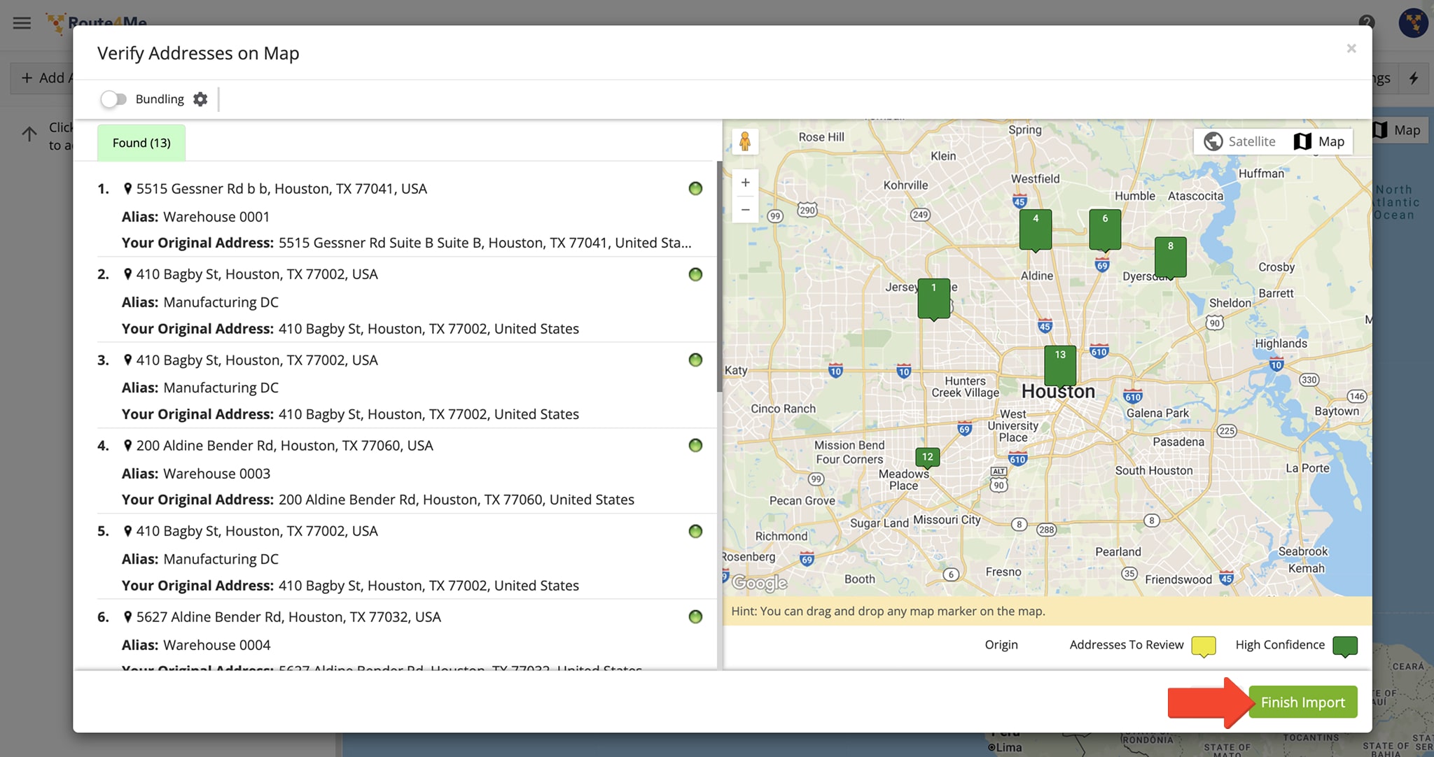 Verify addresses on the map, confirm depots, and plan routes that start from each depot and return after unloading at the distribution center.
